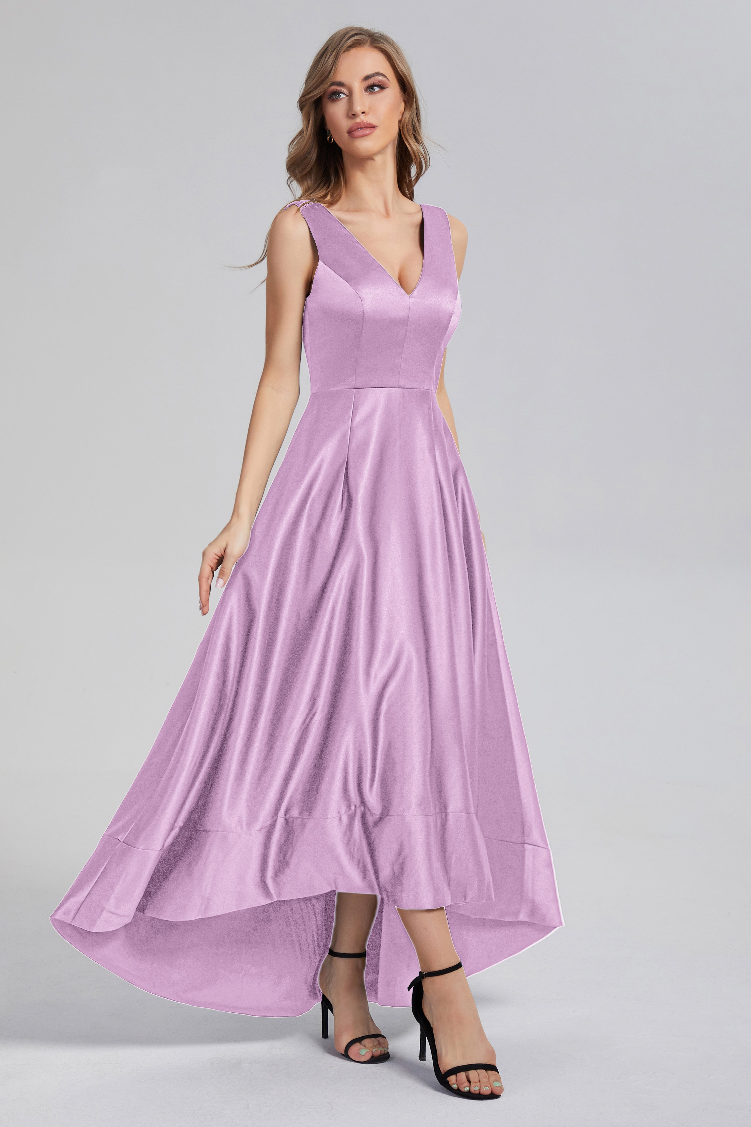 Sleeveless High Low Satin Prom Dresses