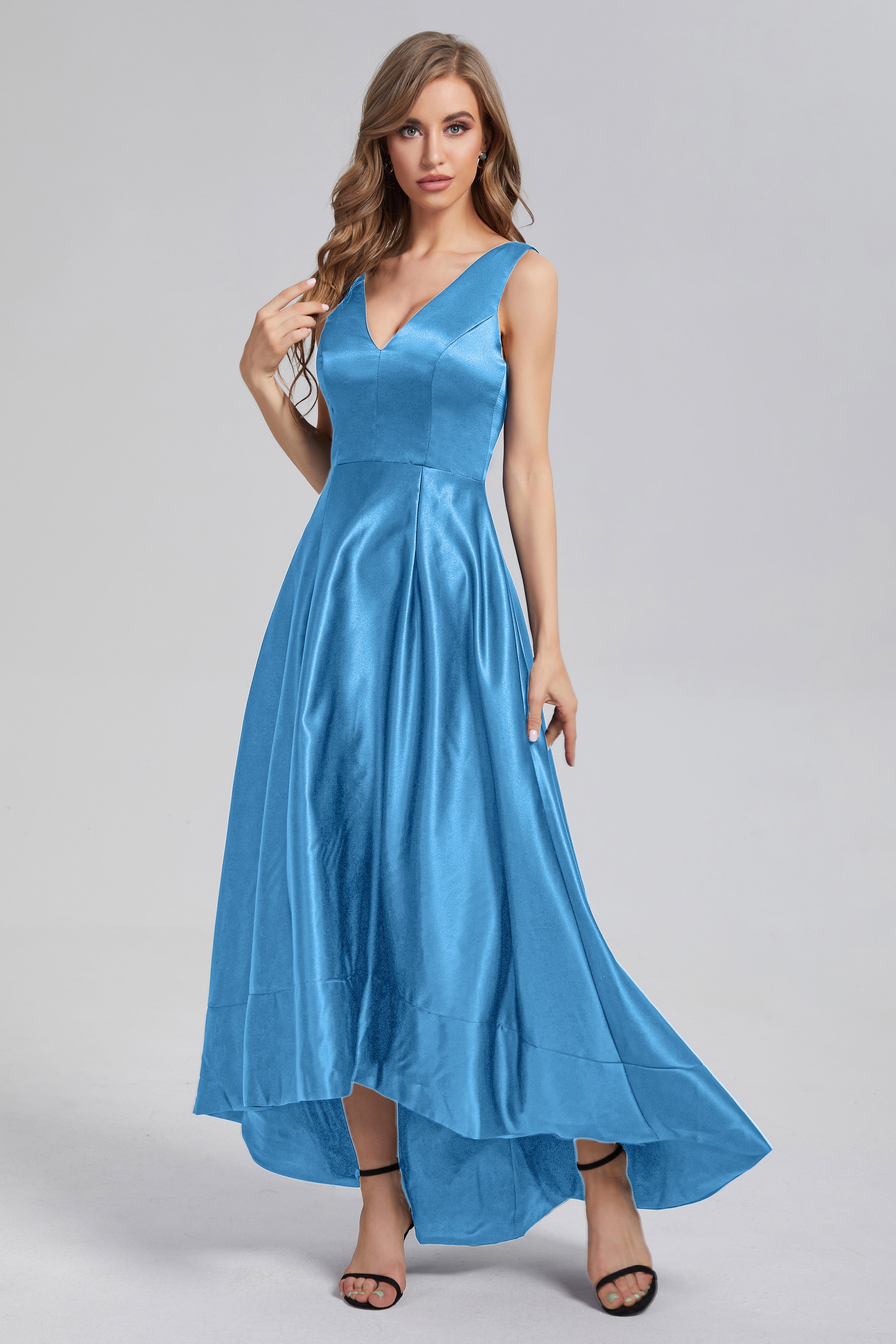 Sleeveless High Low Satin Prom Dresses