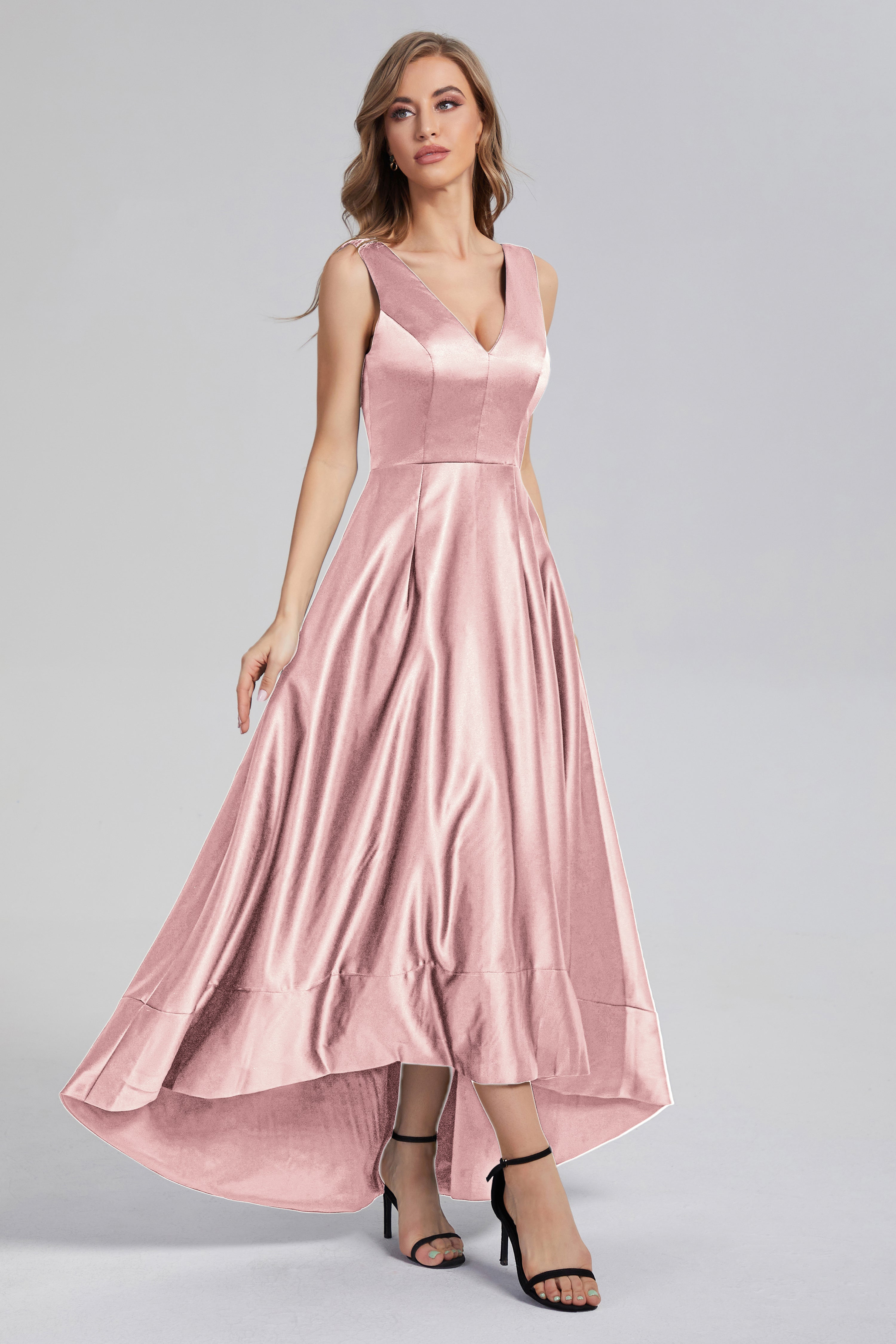 Sleeveless High Low Satin Prom Dresses