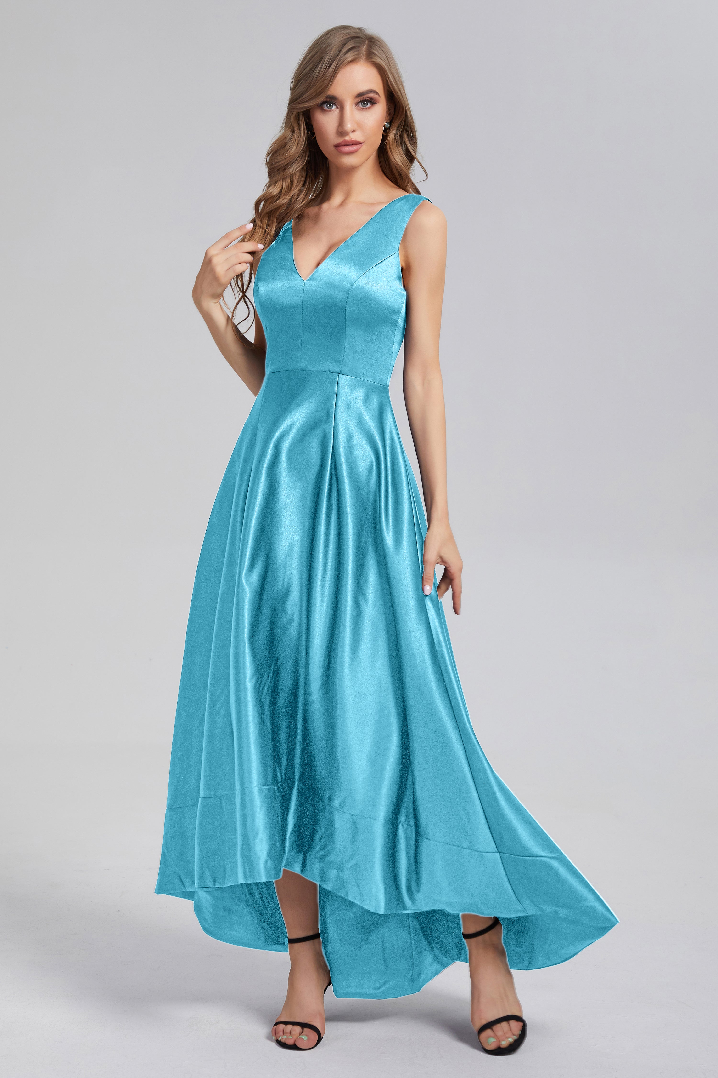 Sleeveless High Low Satin Prom Dresses