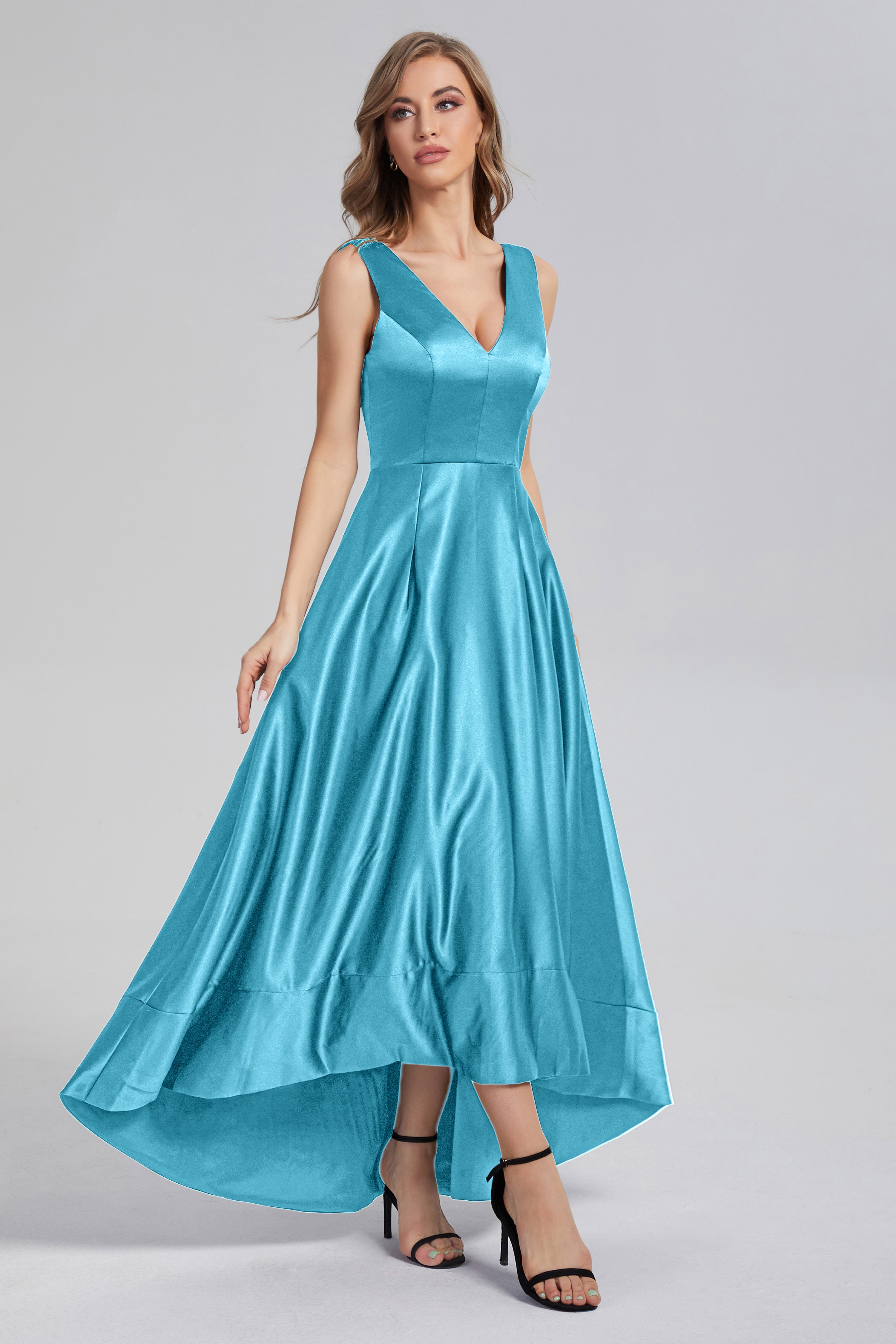 Sleeveless High Low Satin Prom Dresses