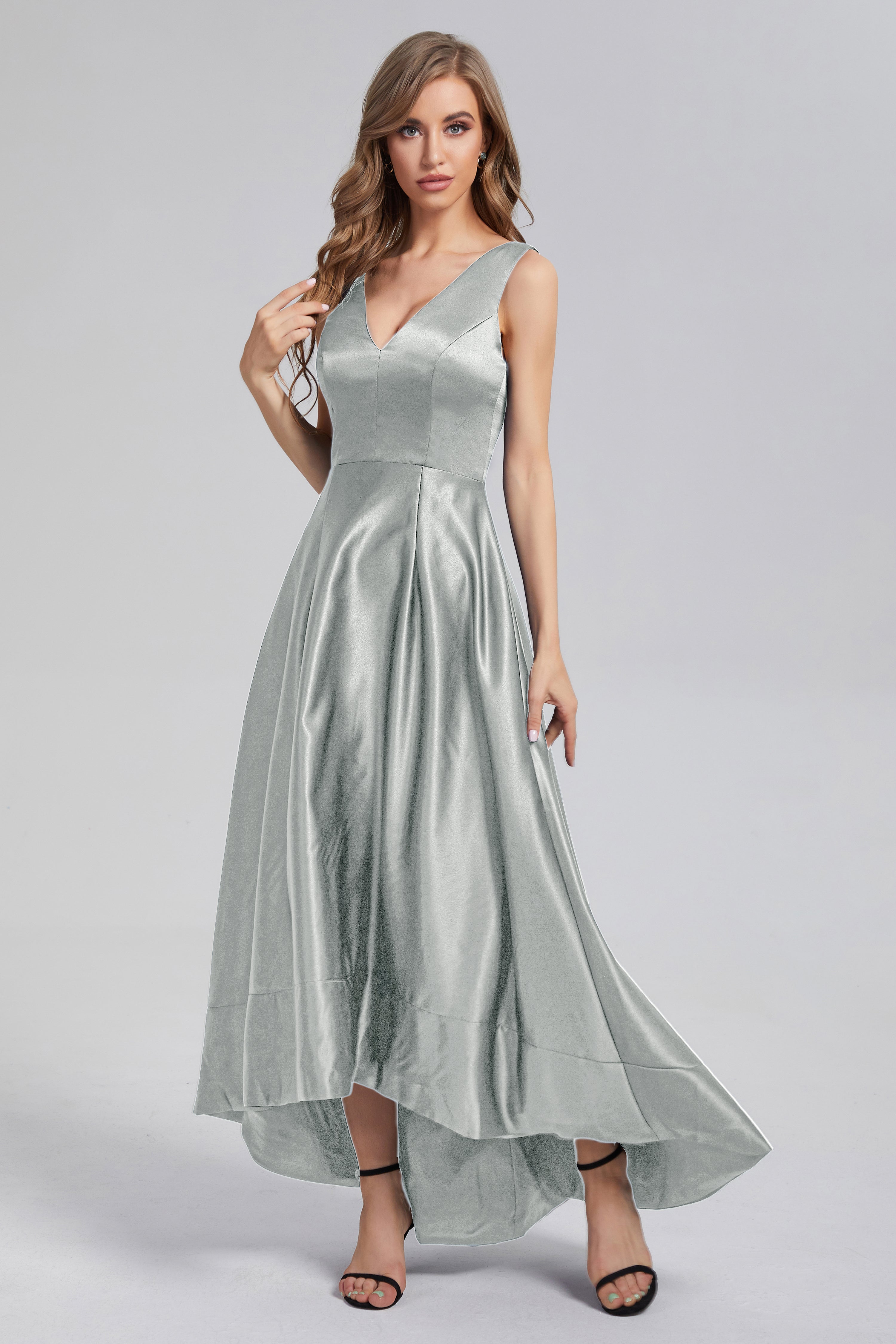 Sleeveless High Low Satin Prom Dresses