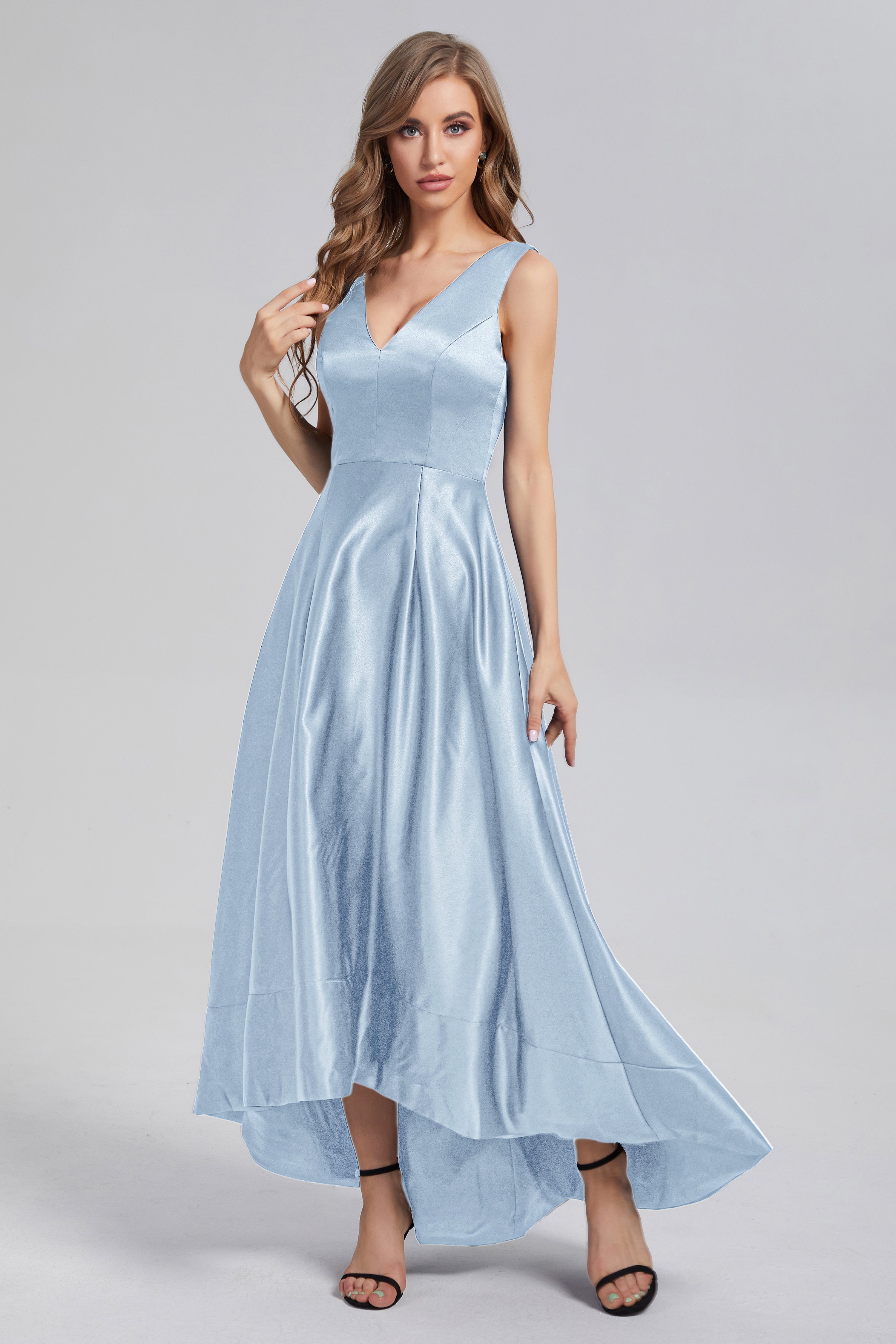 Sleeveless High Low Satin Prom Dresses