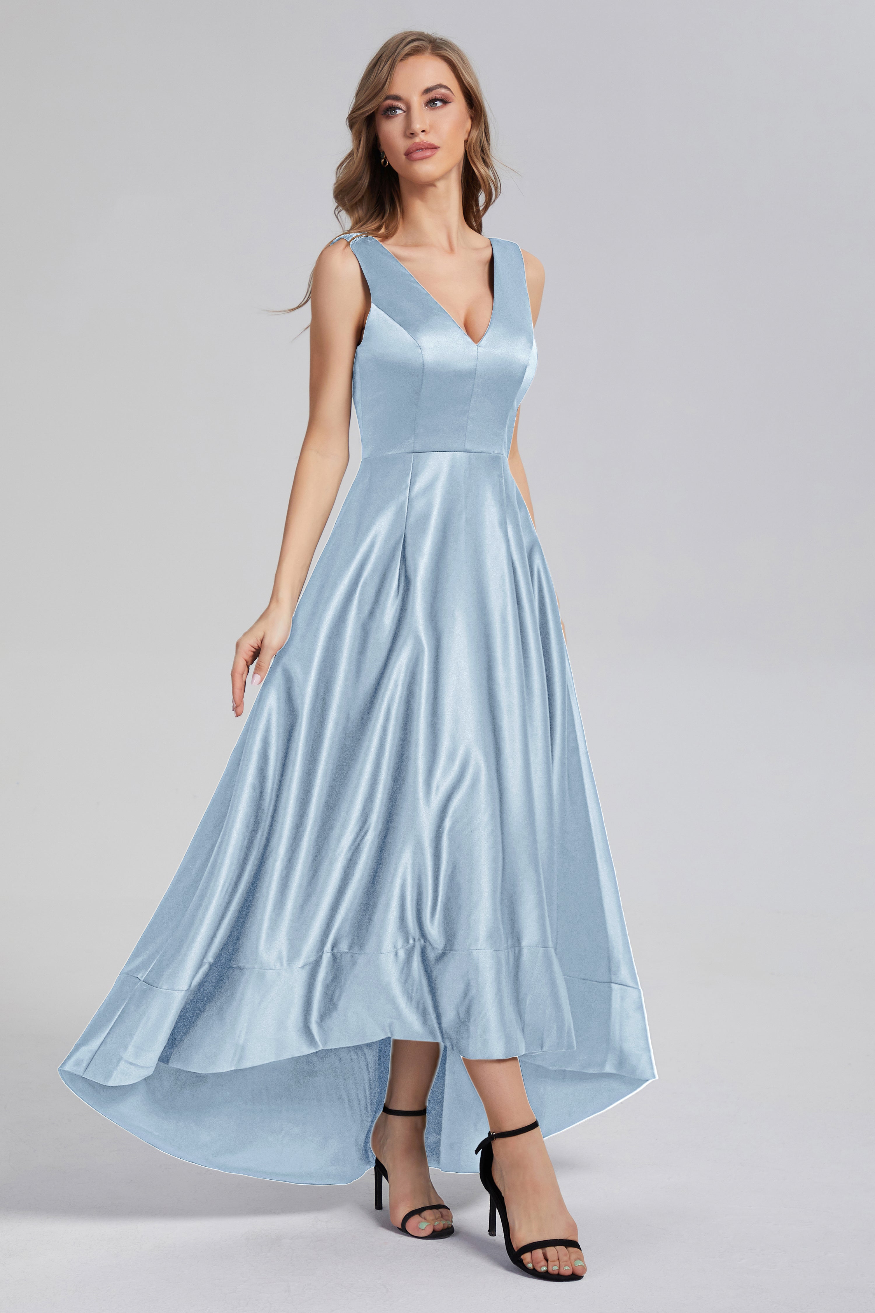 Sleeveless High Low Satin Prom Dresses