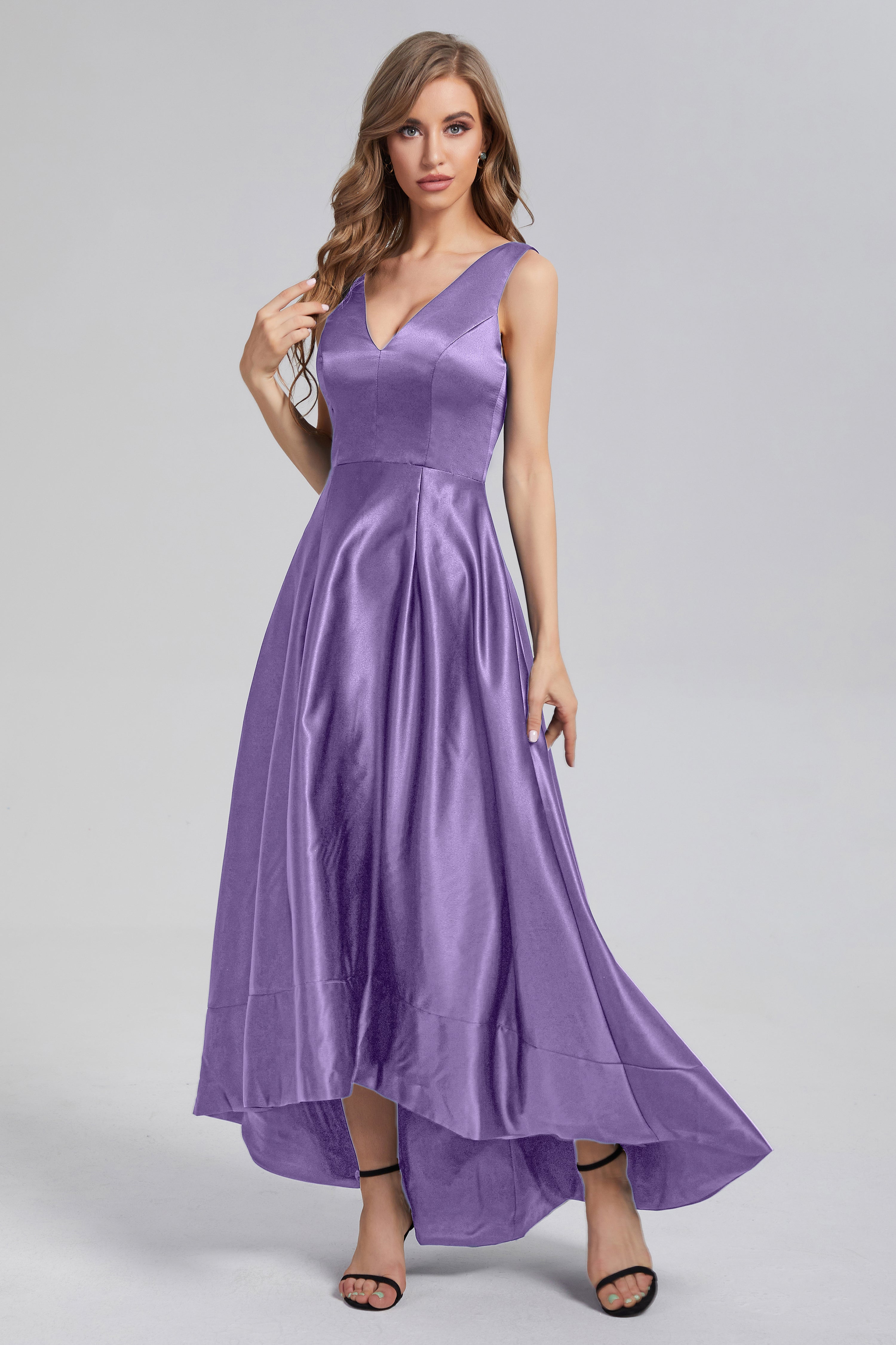 Sleeveless High Low Satin Prom Dresses