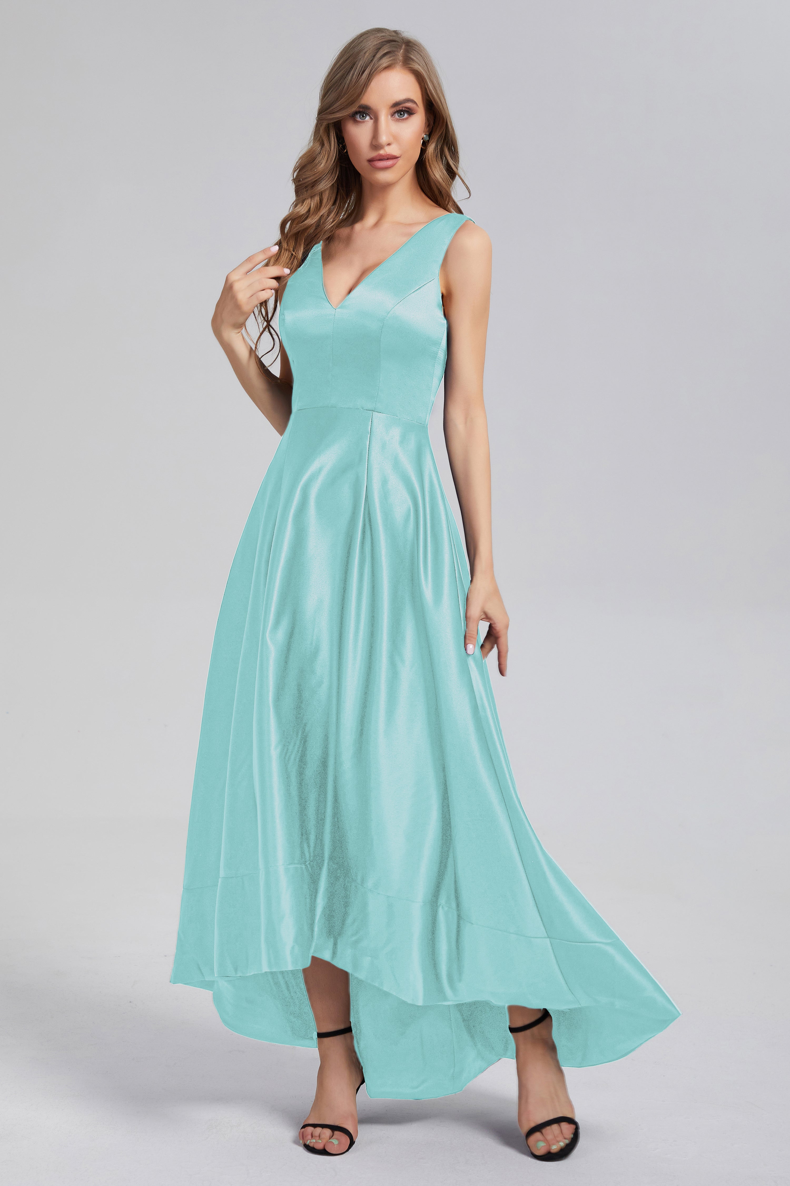 Sleeveless High Low Satin Prom Dresses