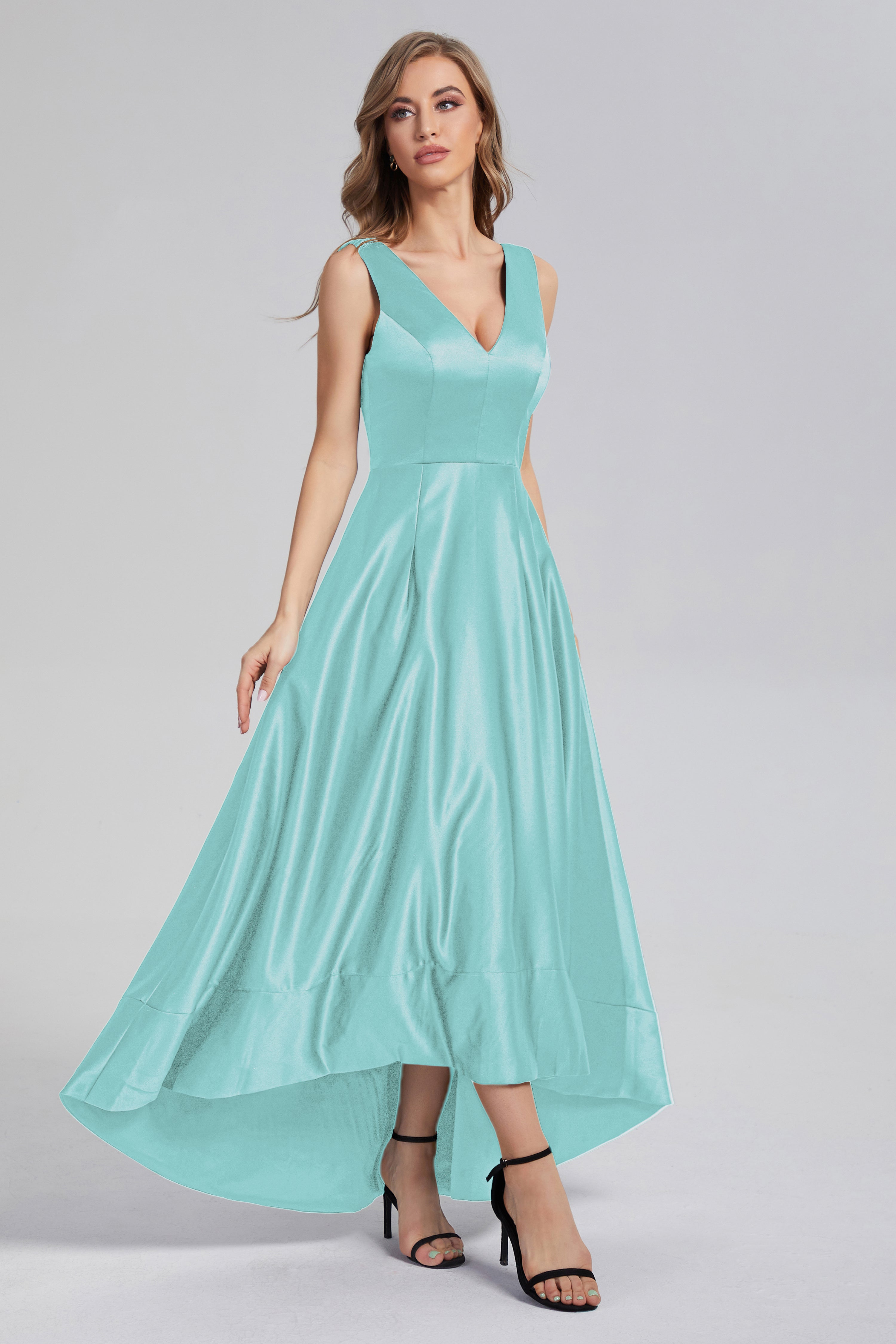 Sleeveless High Low Satin Prom Dresses