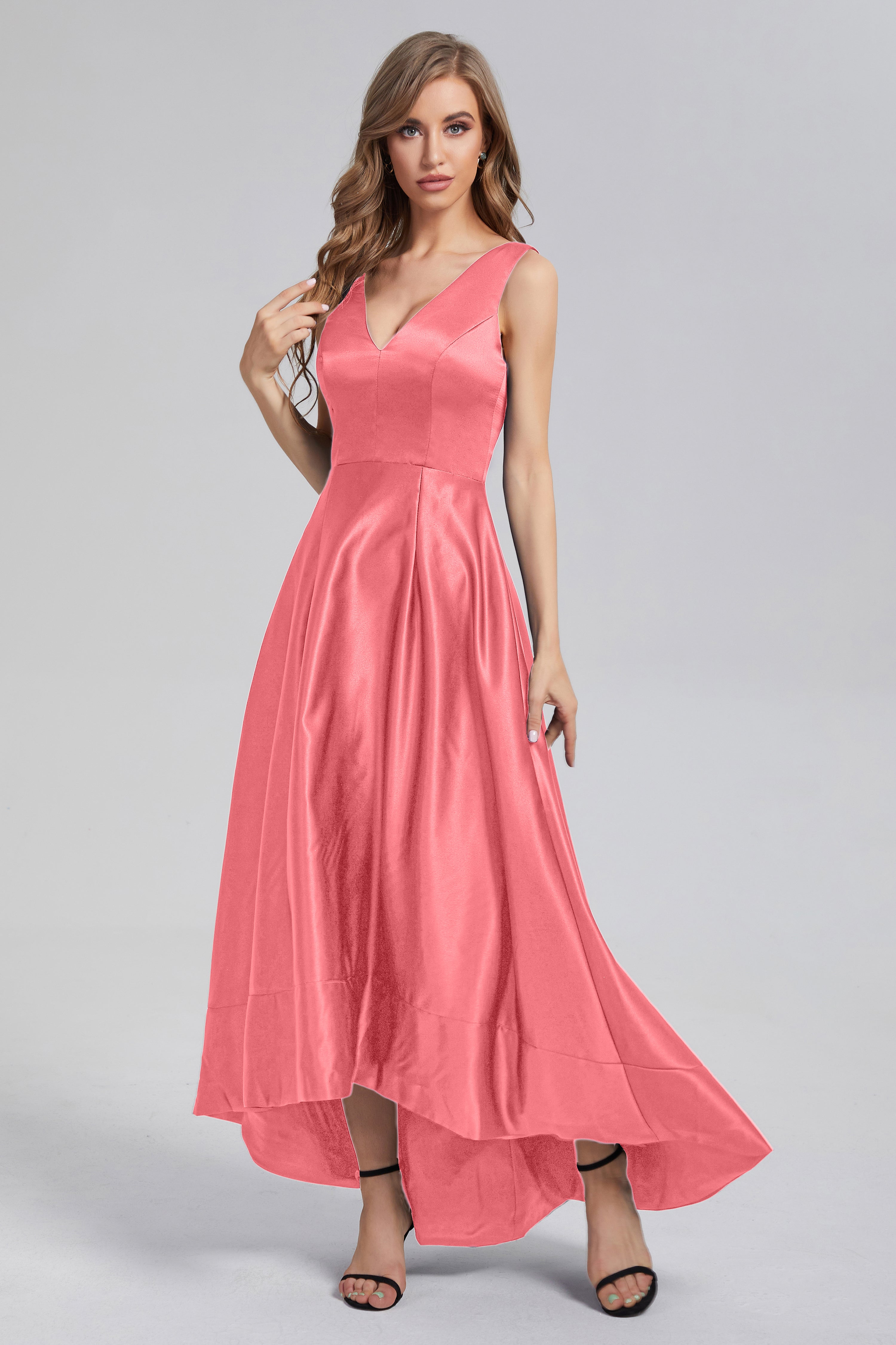 Sleeveless High Low Satin Prom Dresses