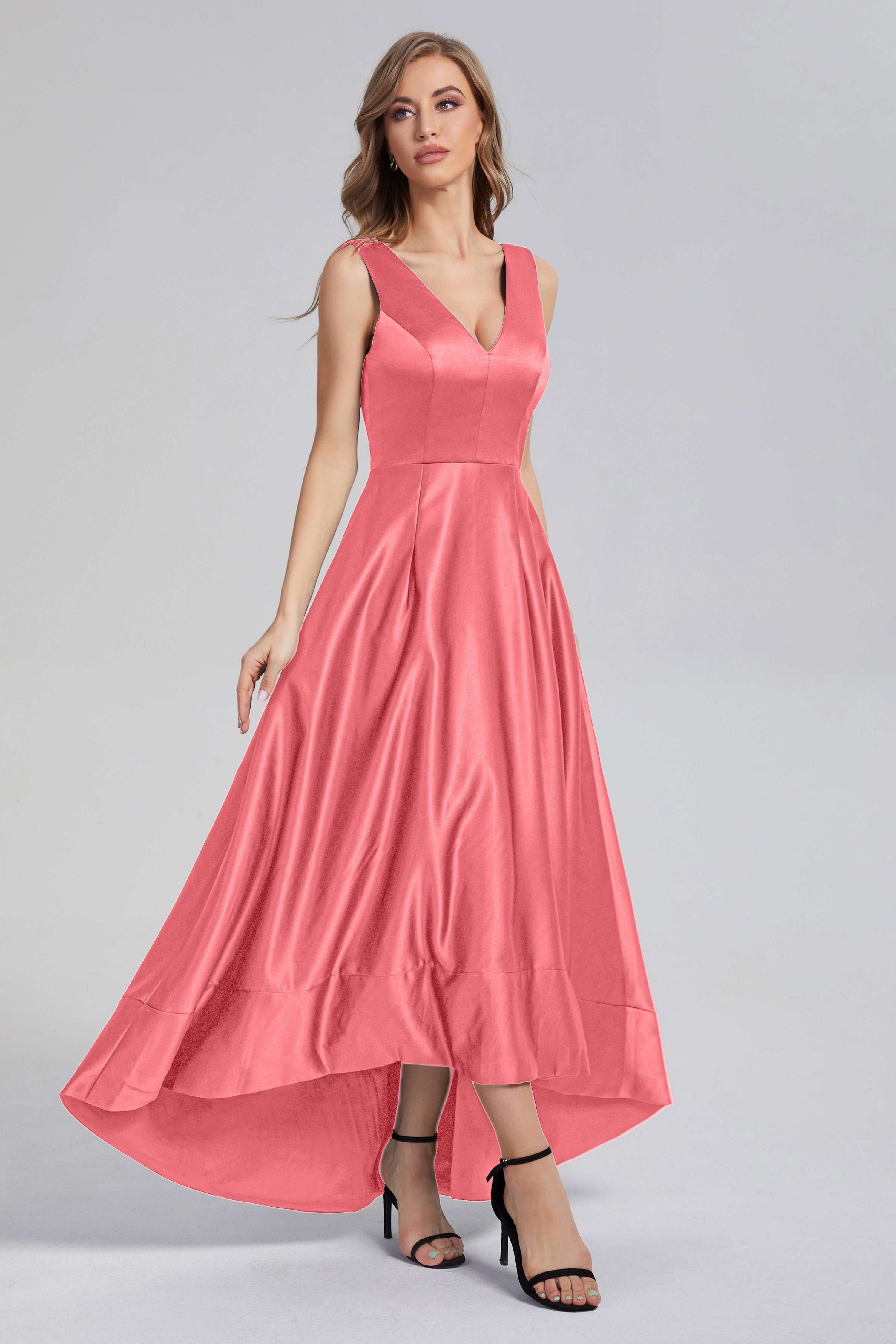 Sleeveless High Low Satin Prom Dresses