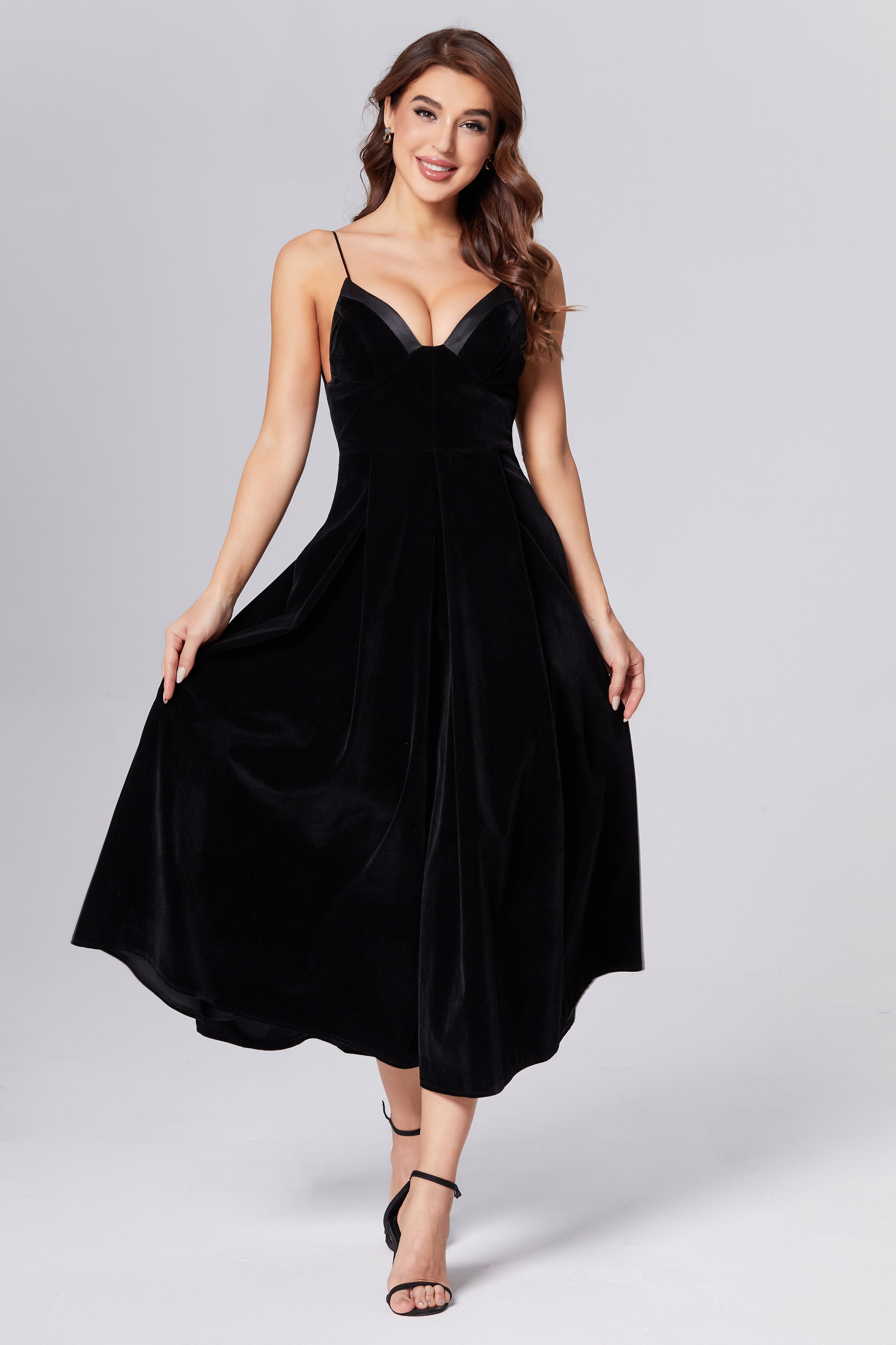 Spaghetti Straps Backless Velvet Prom Dresses