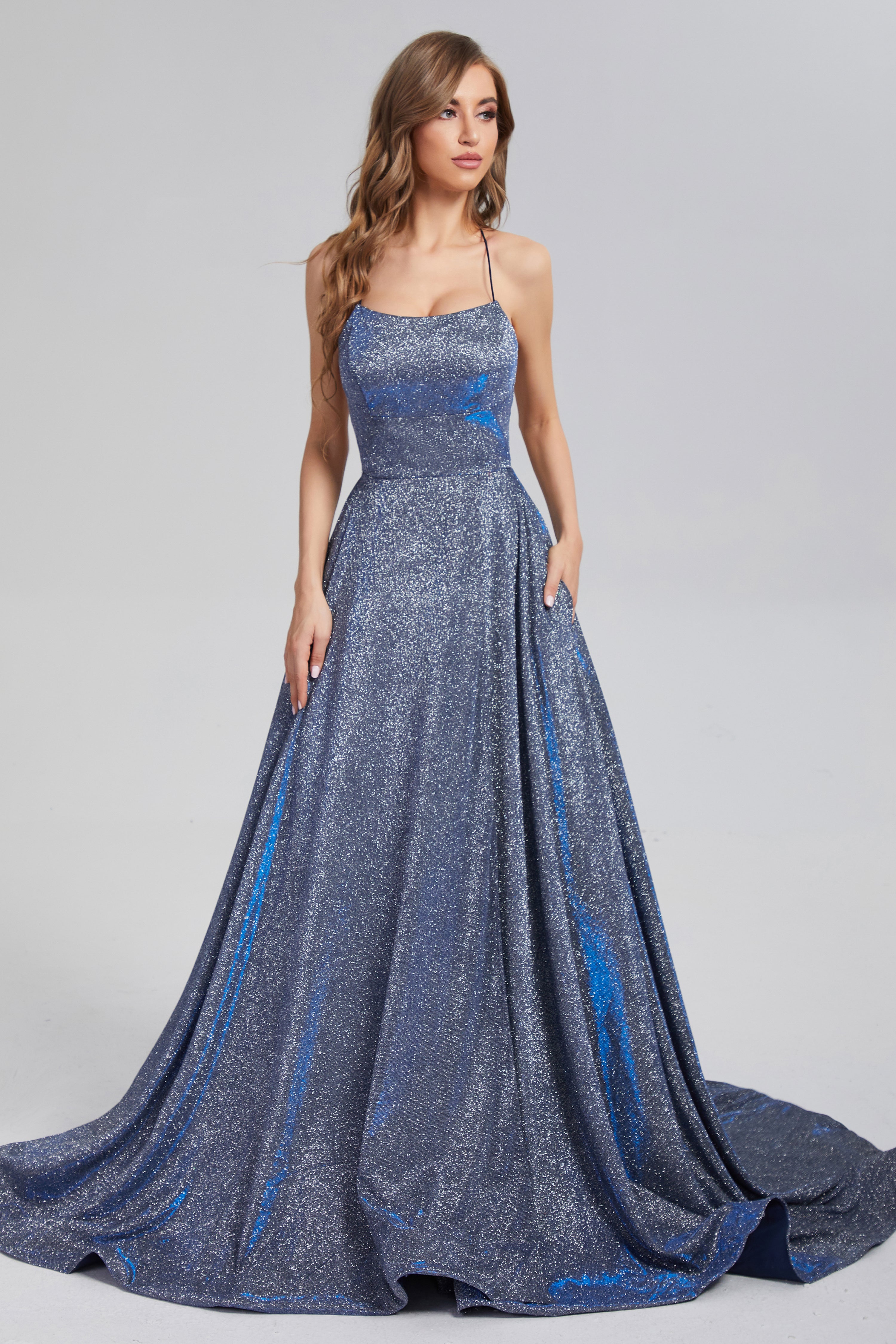 Sparkly Sequins Criss Cross Prom Dresses with Trailing