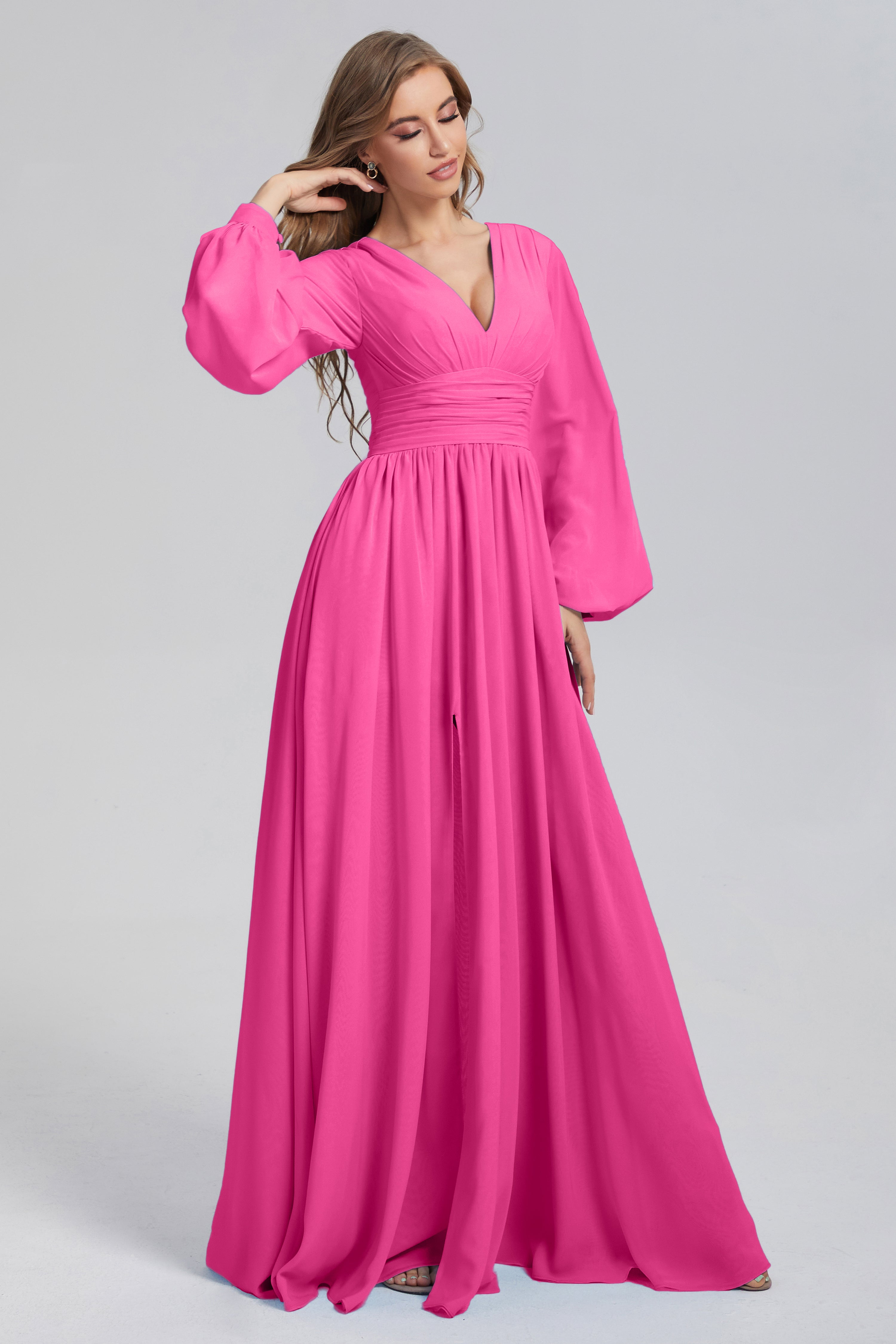 Split Long Sleeve Chiffon Prom Dresses