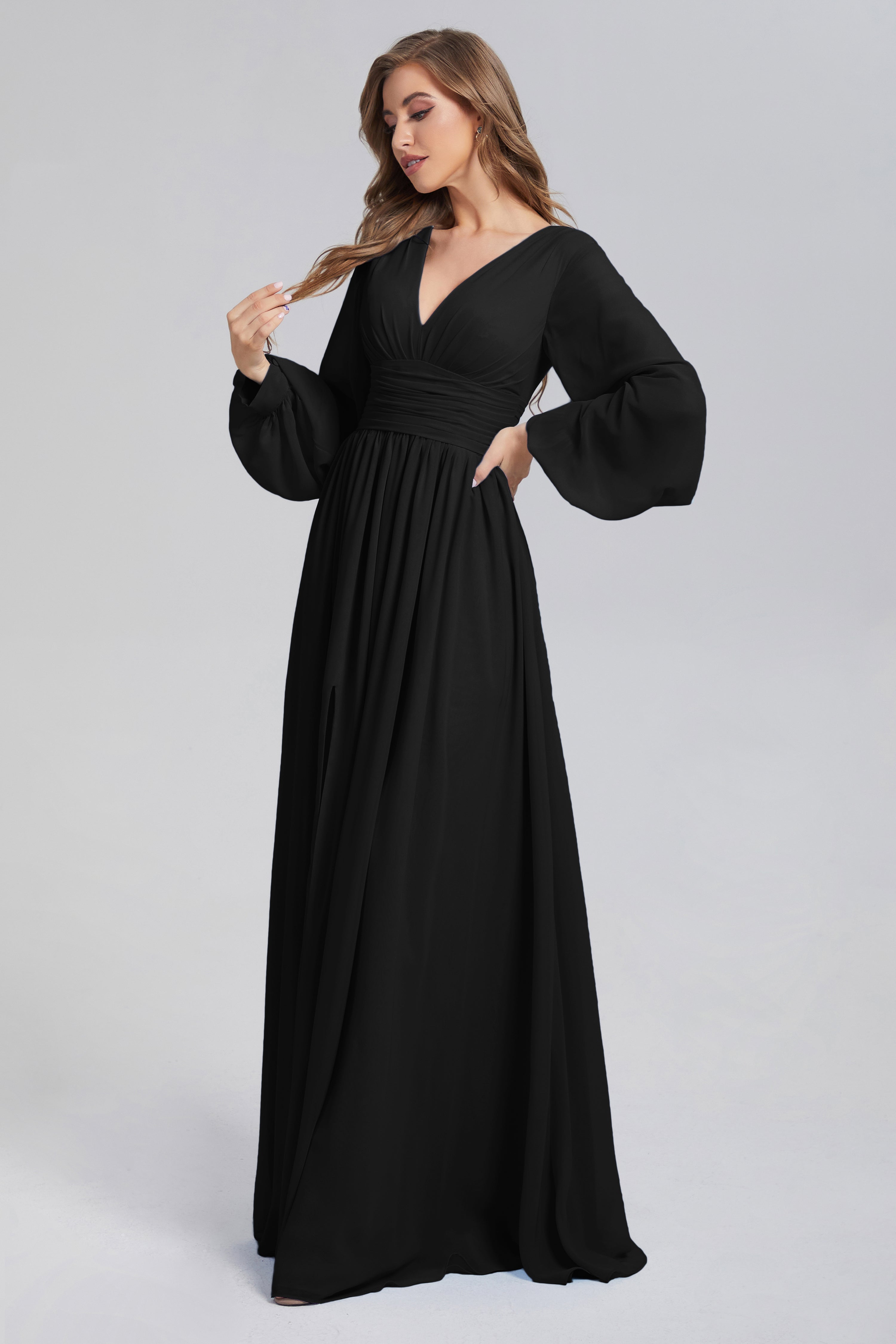 Split Long Sleeve Chiffon Prom Dresses