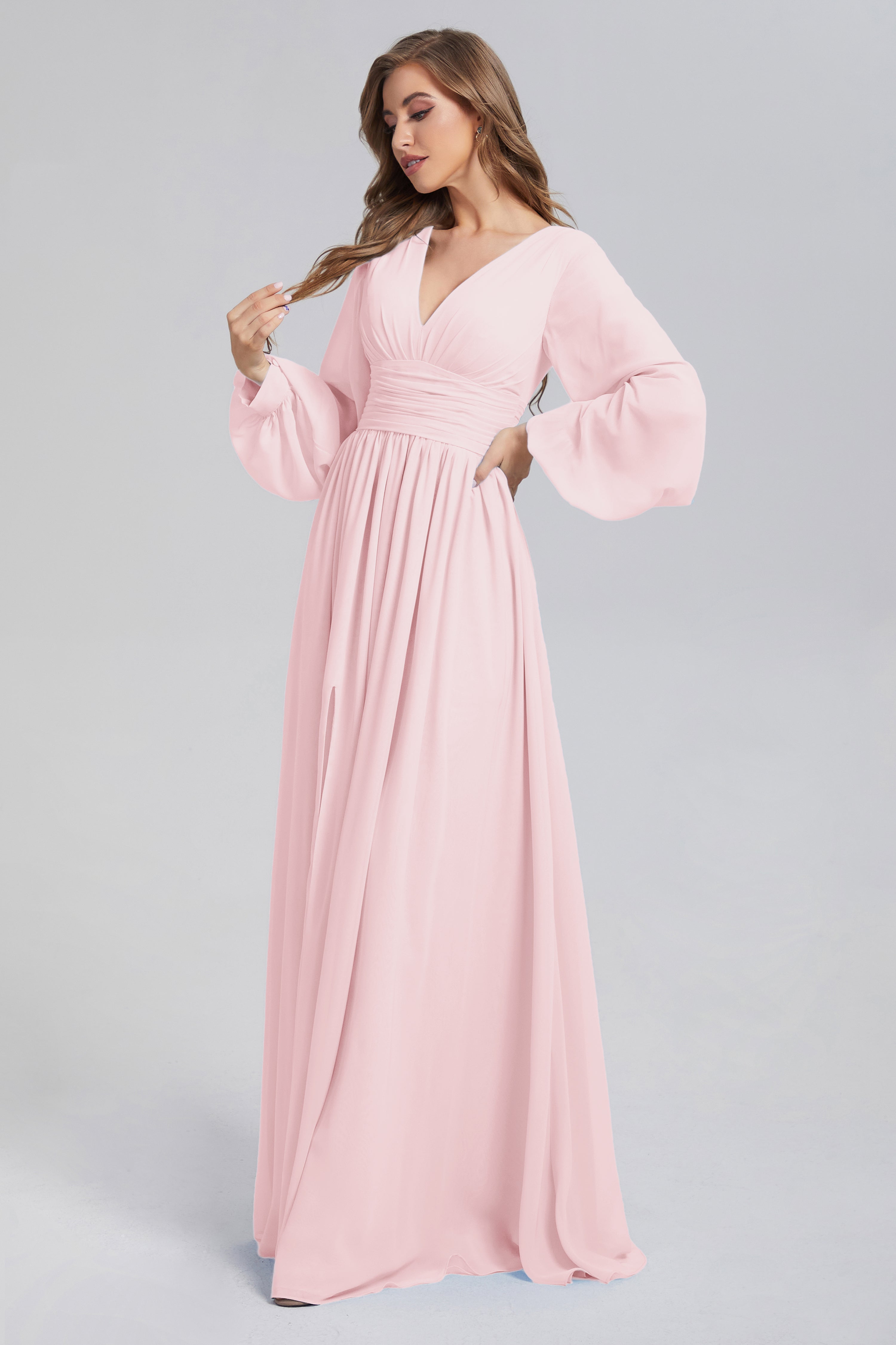 Split Long Sleeve Chiffon Prom Dresses