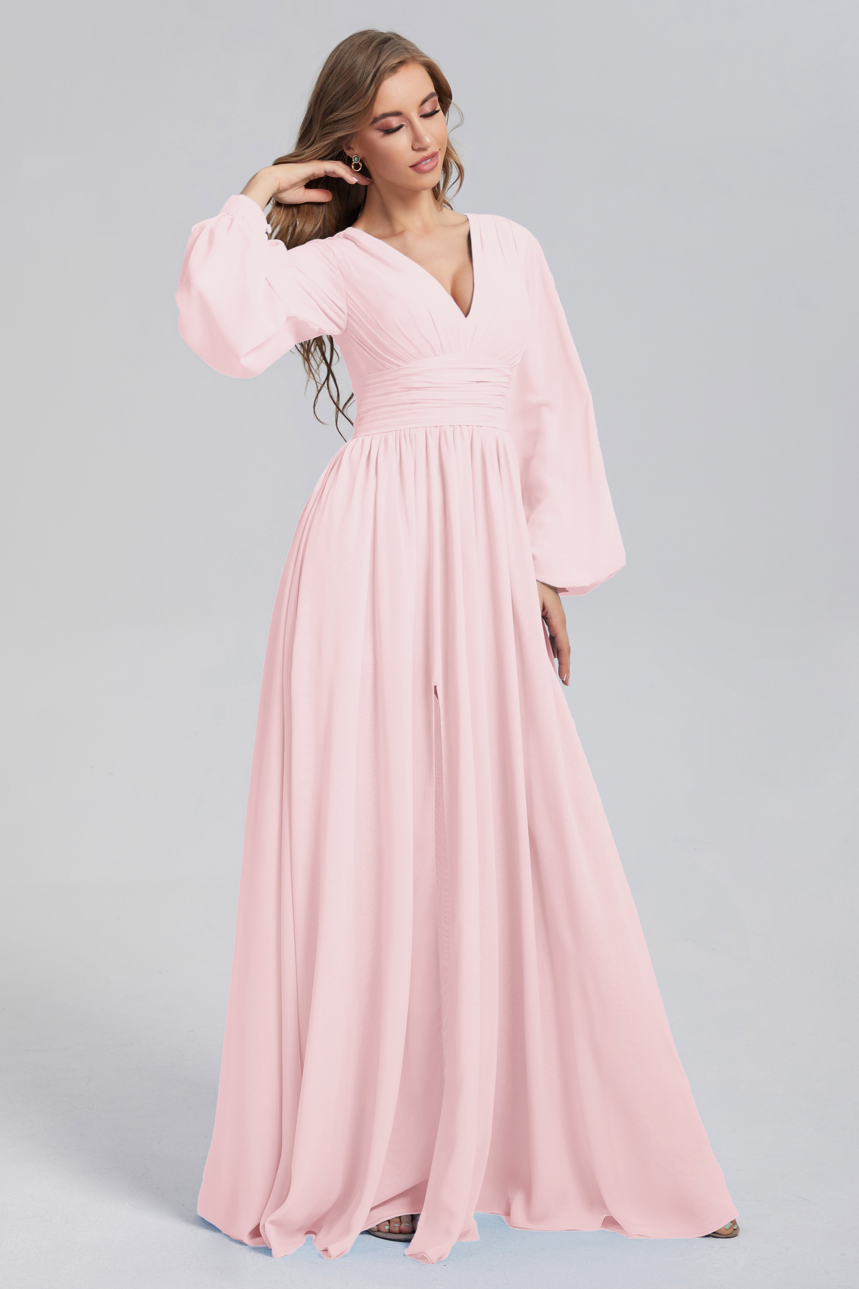 Split Long Sleeve Chiffon Prom Dresses