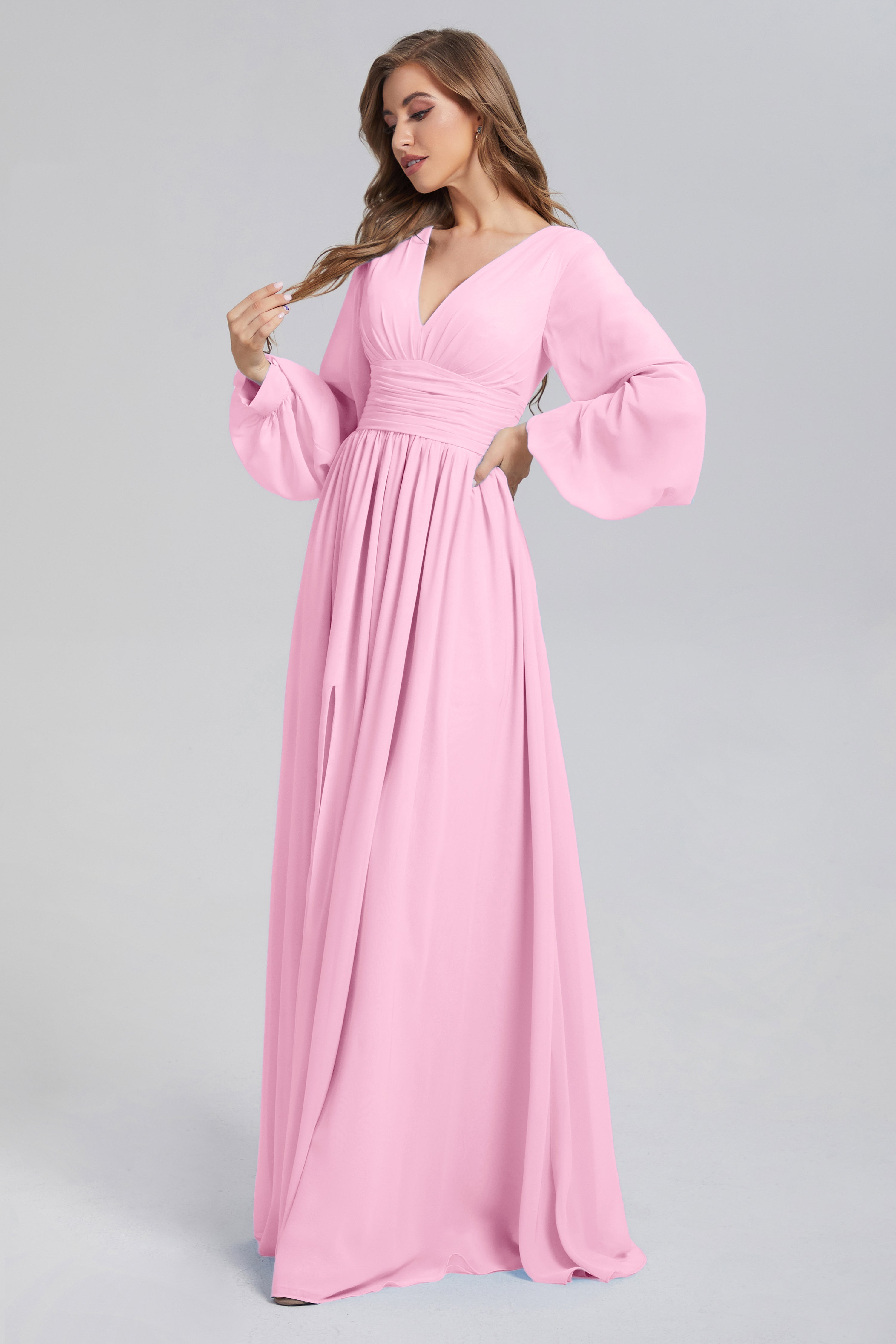 Split Long Sleeve Chiffon Prom Dresses