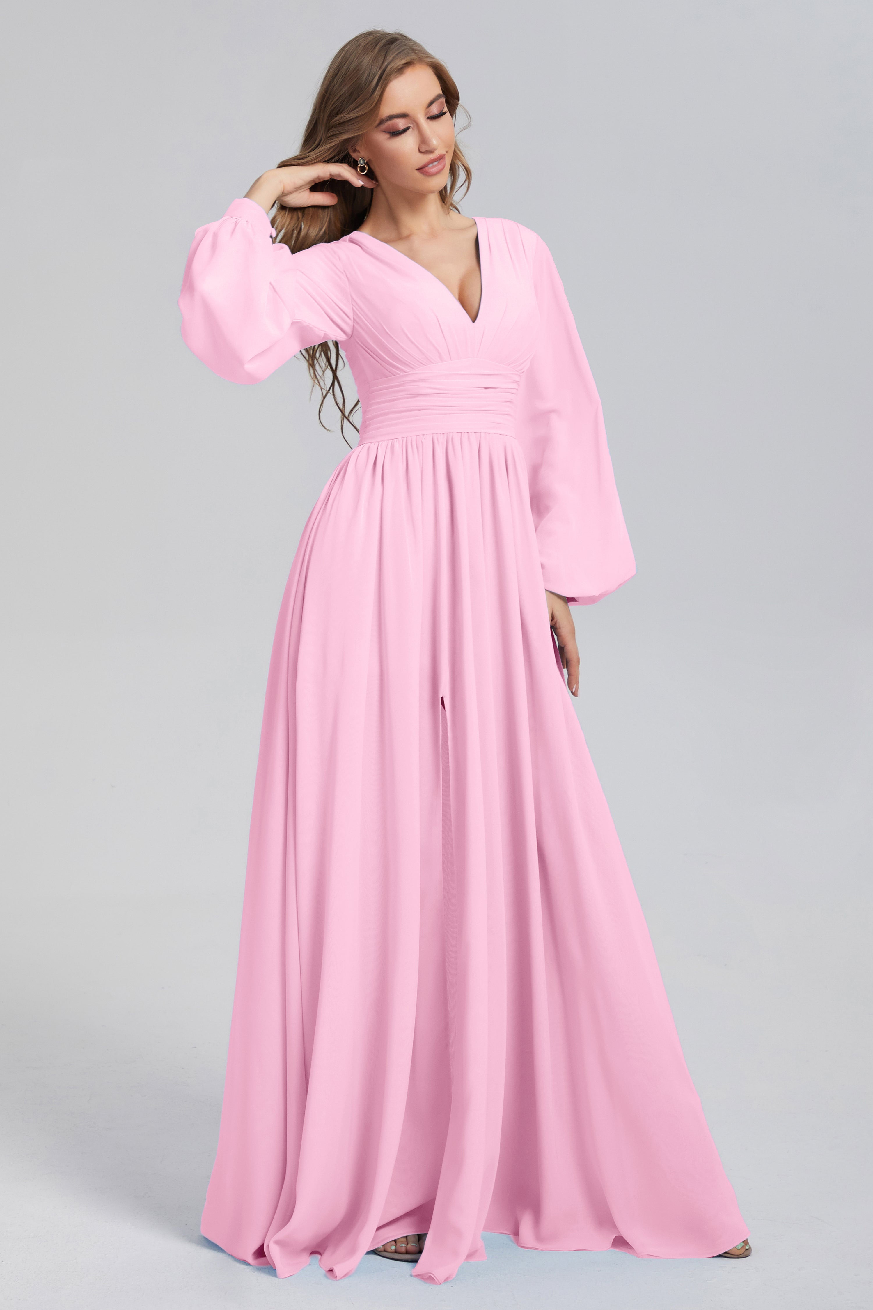 Split Long Sleeve Chiffon Prom Dresses