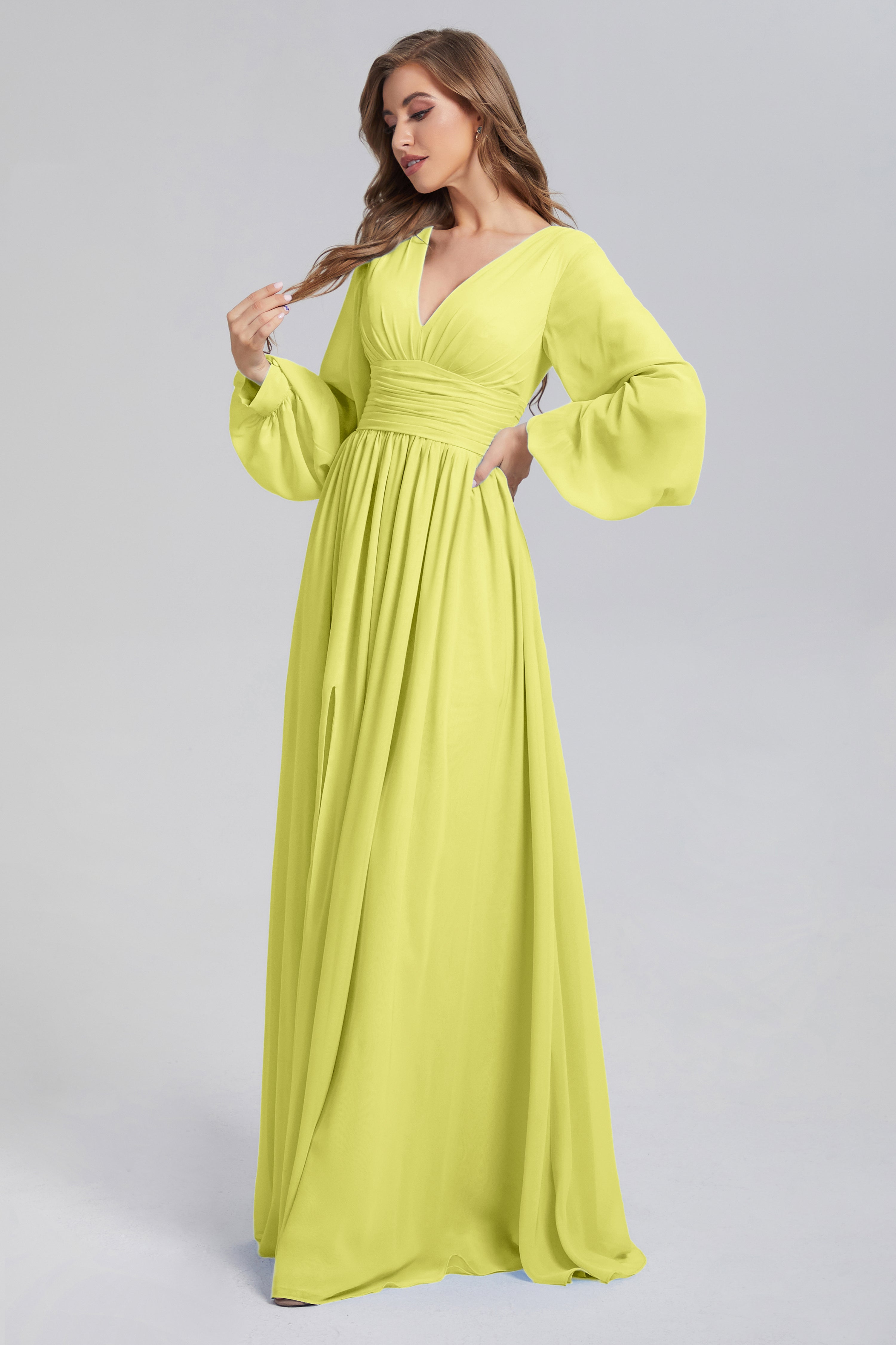 Split Long Sleeve Chiffon Prom Dresses