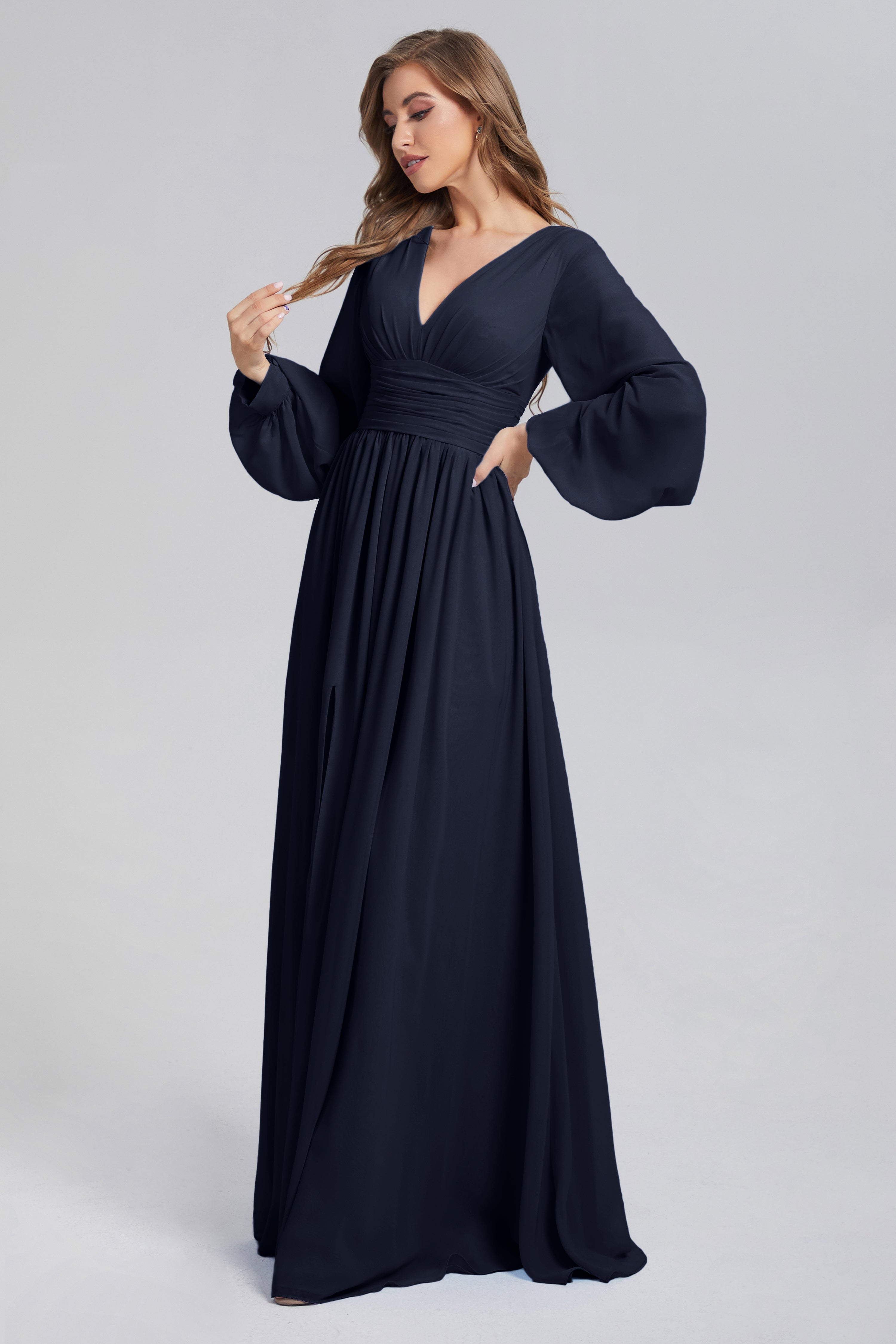 Split Long Sleeve Chiffon Prom Dresses