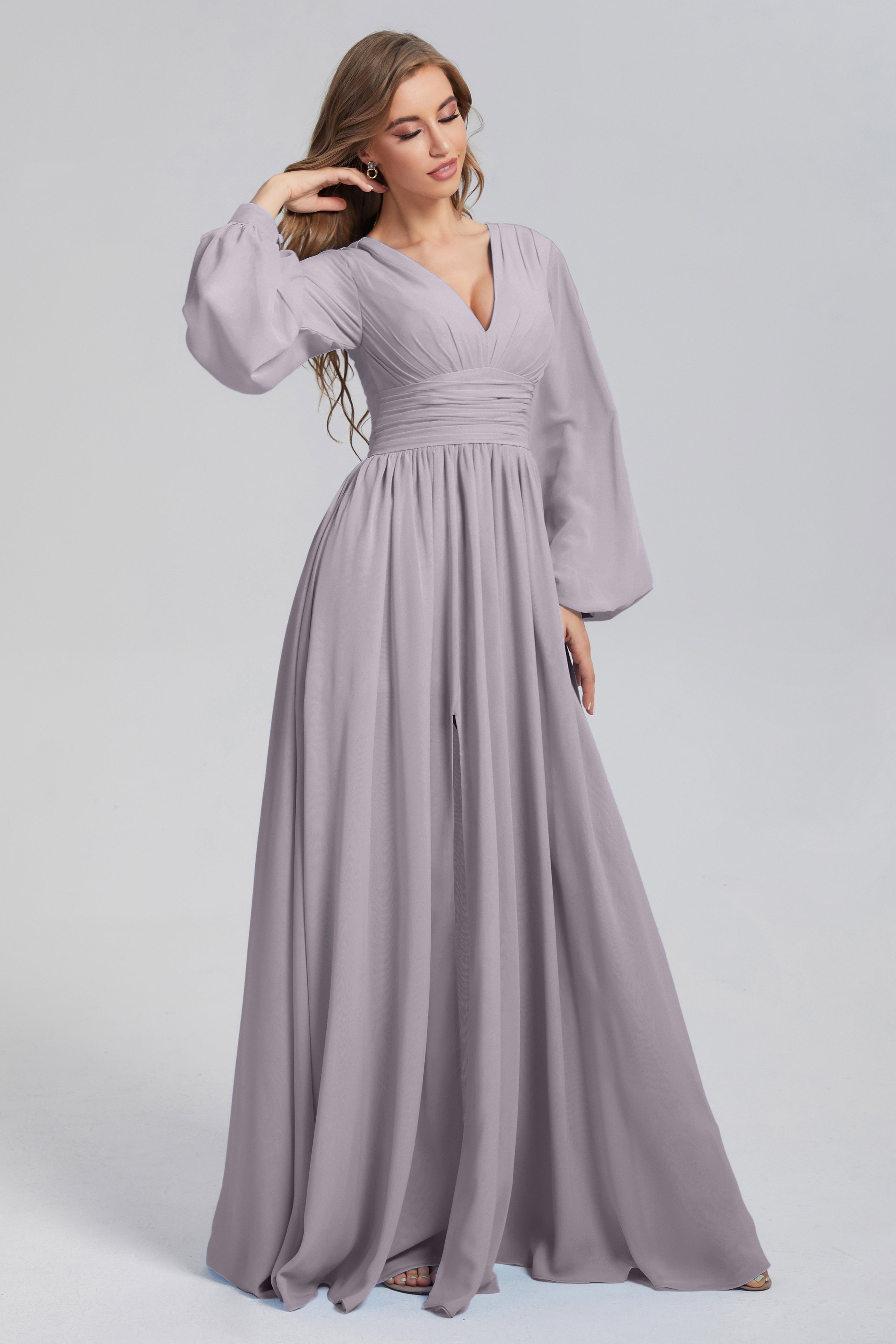 Split Long Sleeve Chiffon Prom Dresses