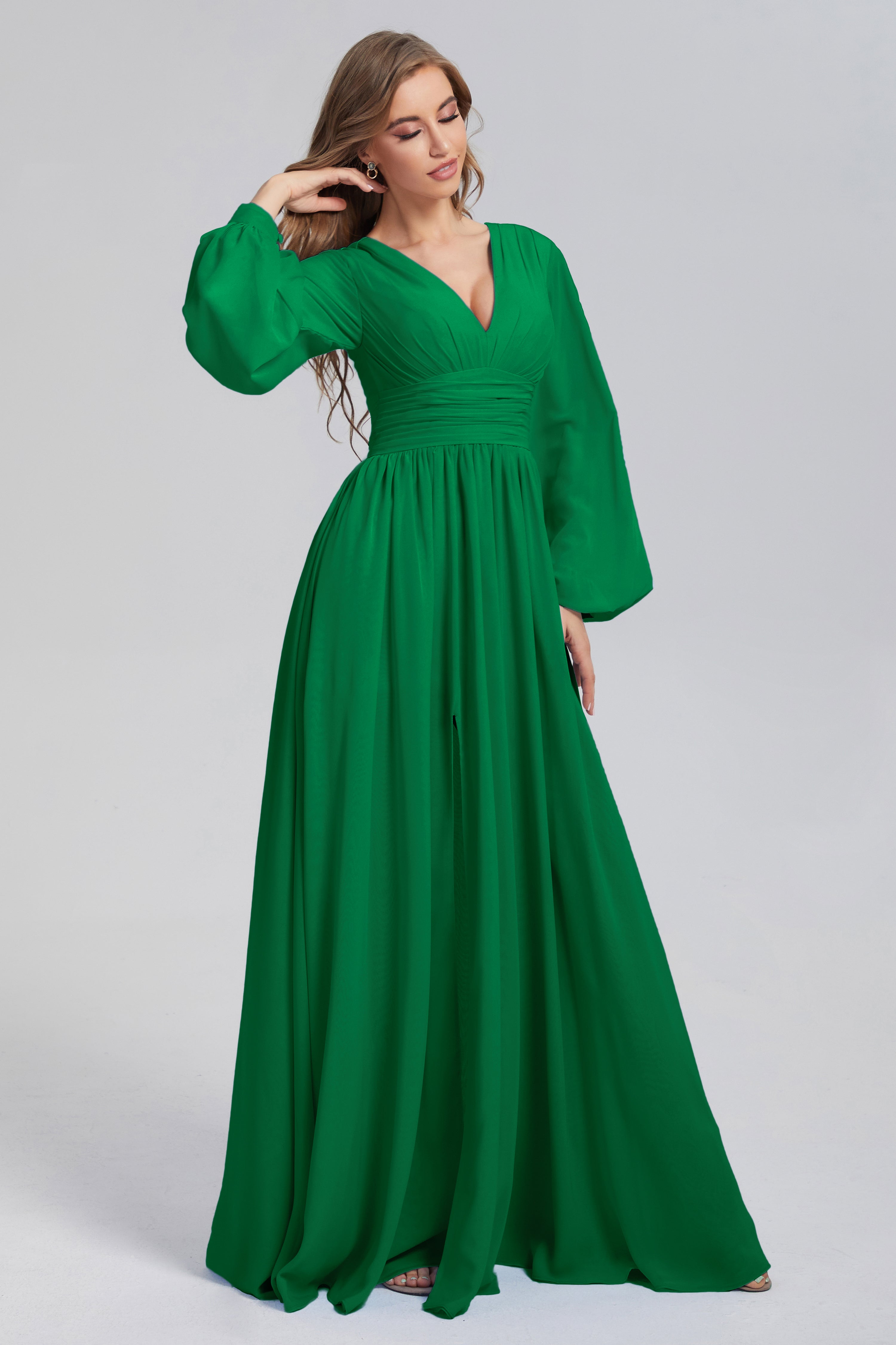 Split Long Sleeve Chiffon Prom Dresses