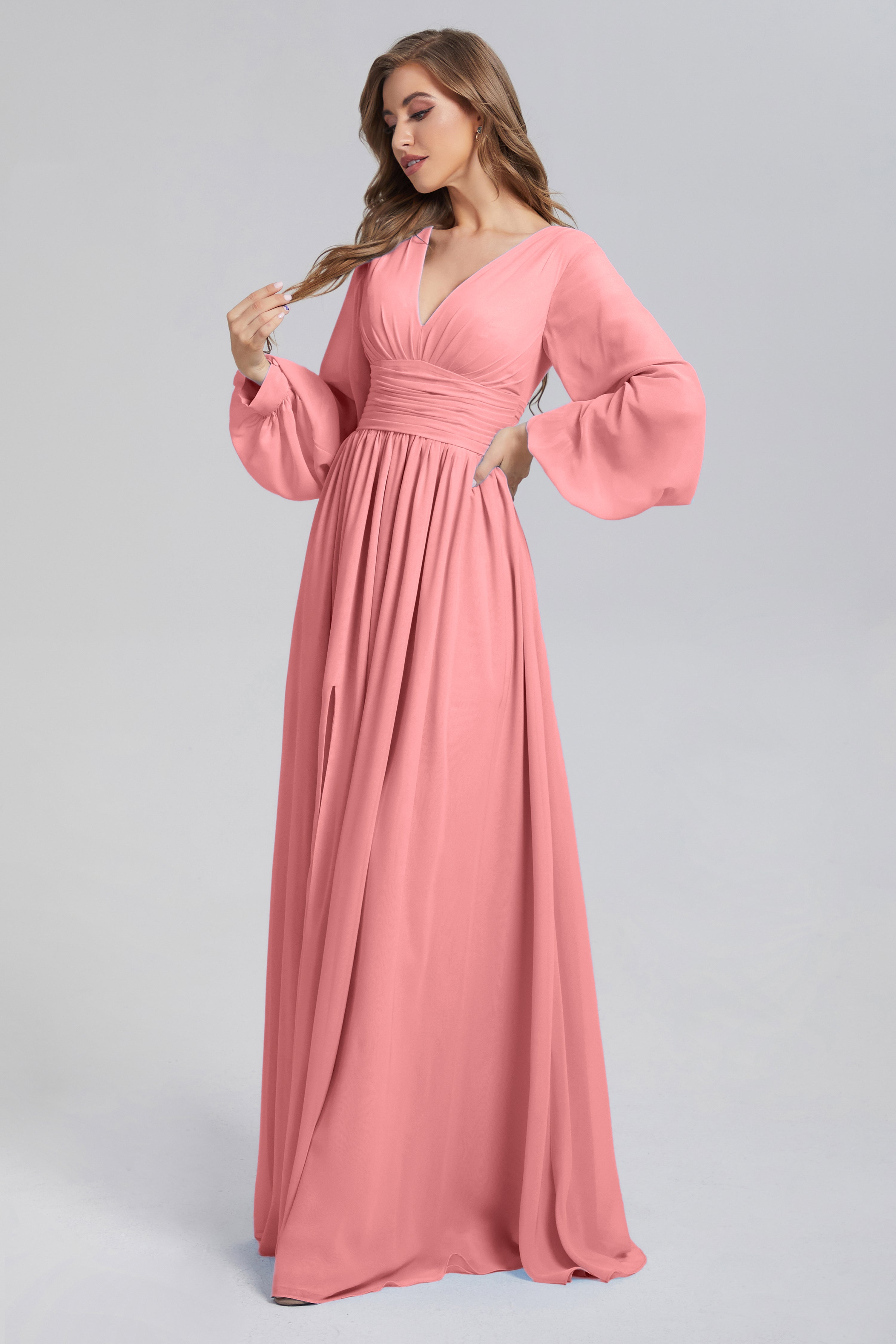 Split Long Sleeve Chiffon Prom Dresses