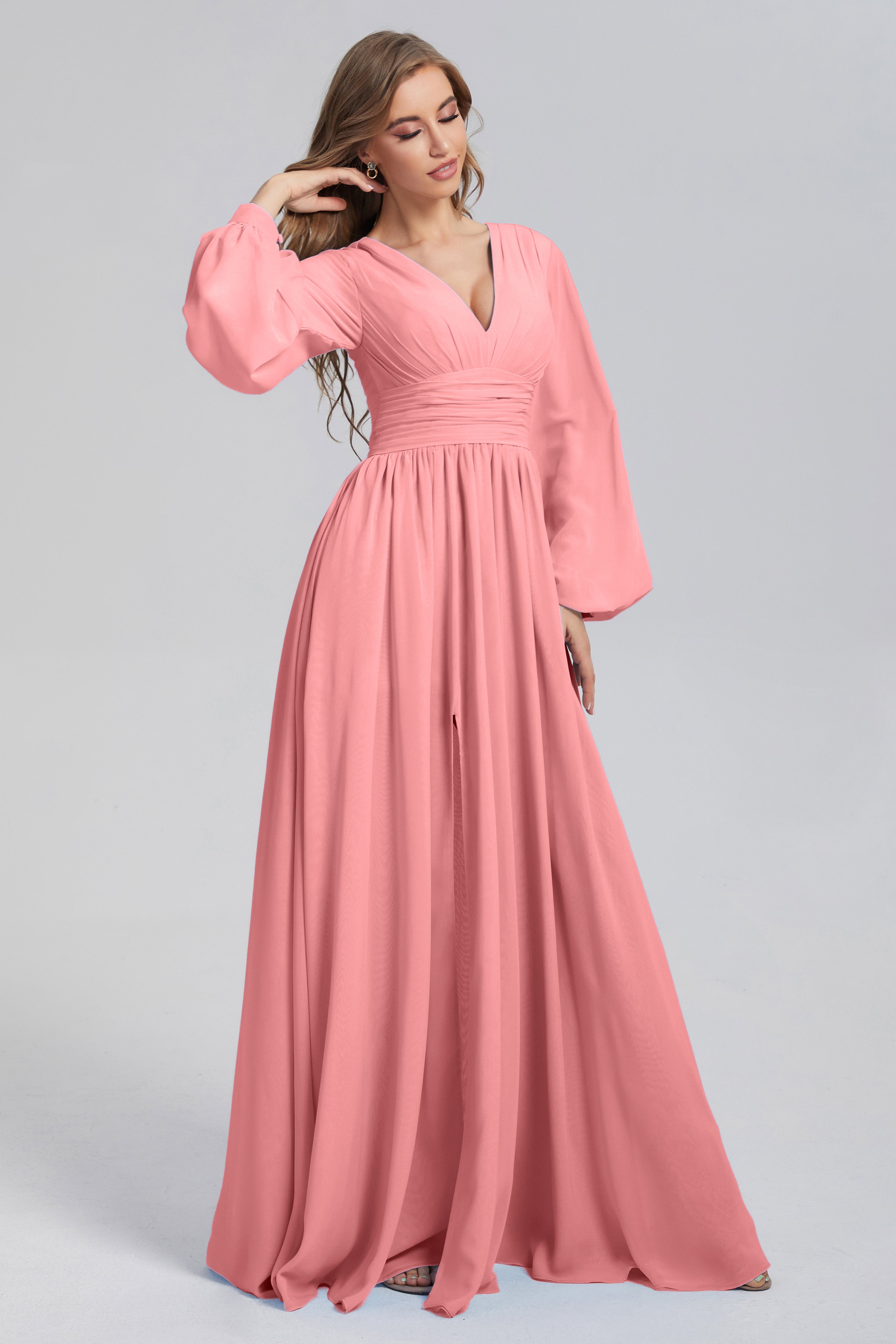 Split Long Sleeve Chiffon Prom Dresses