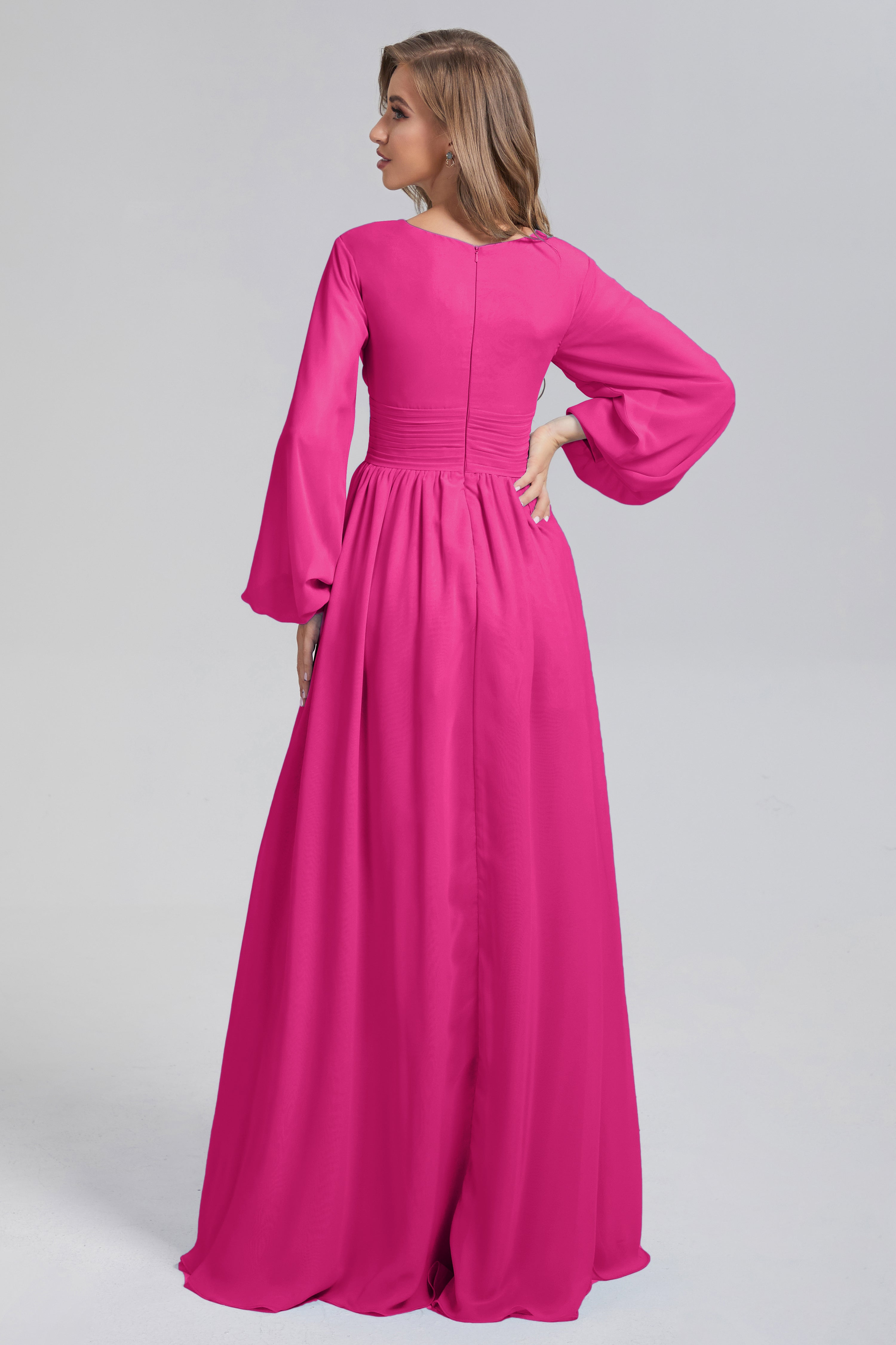 Split Long Sleeve Chiffon Prom Dresses