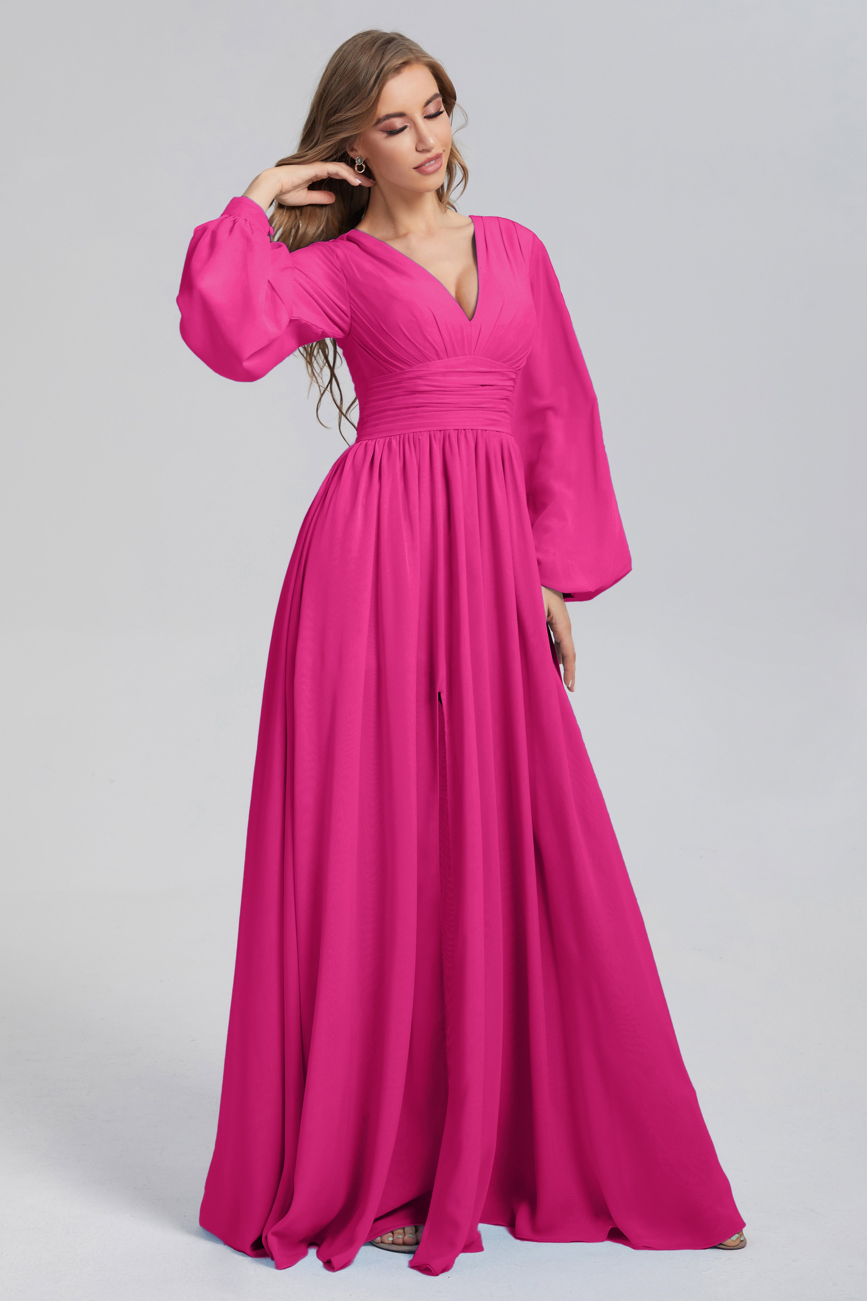 Split Long Sleeve Chiffon Prom Dresses