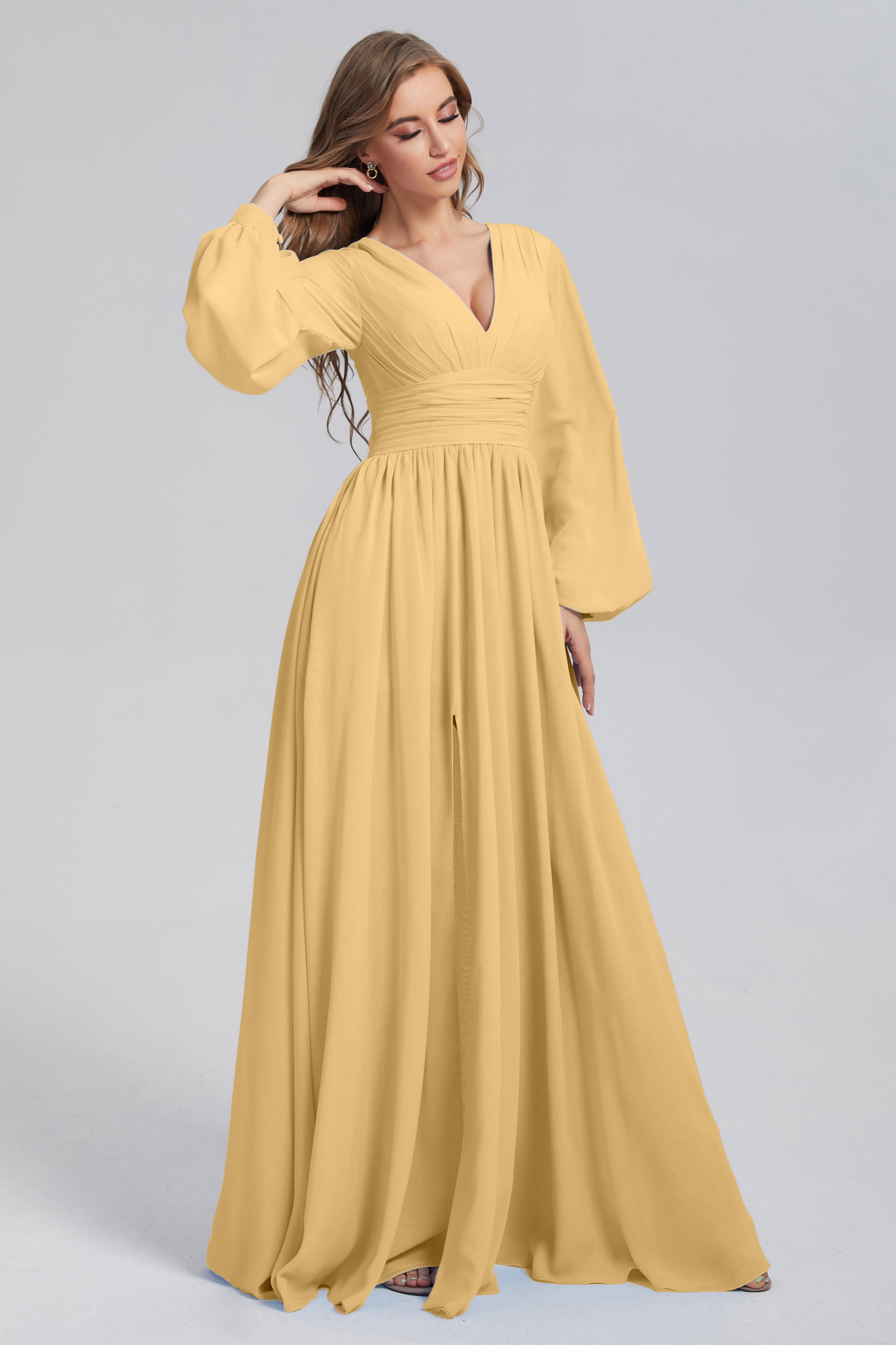 Split Long Sleeve Chiffon Prom Dresses