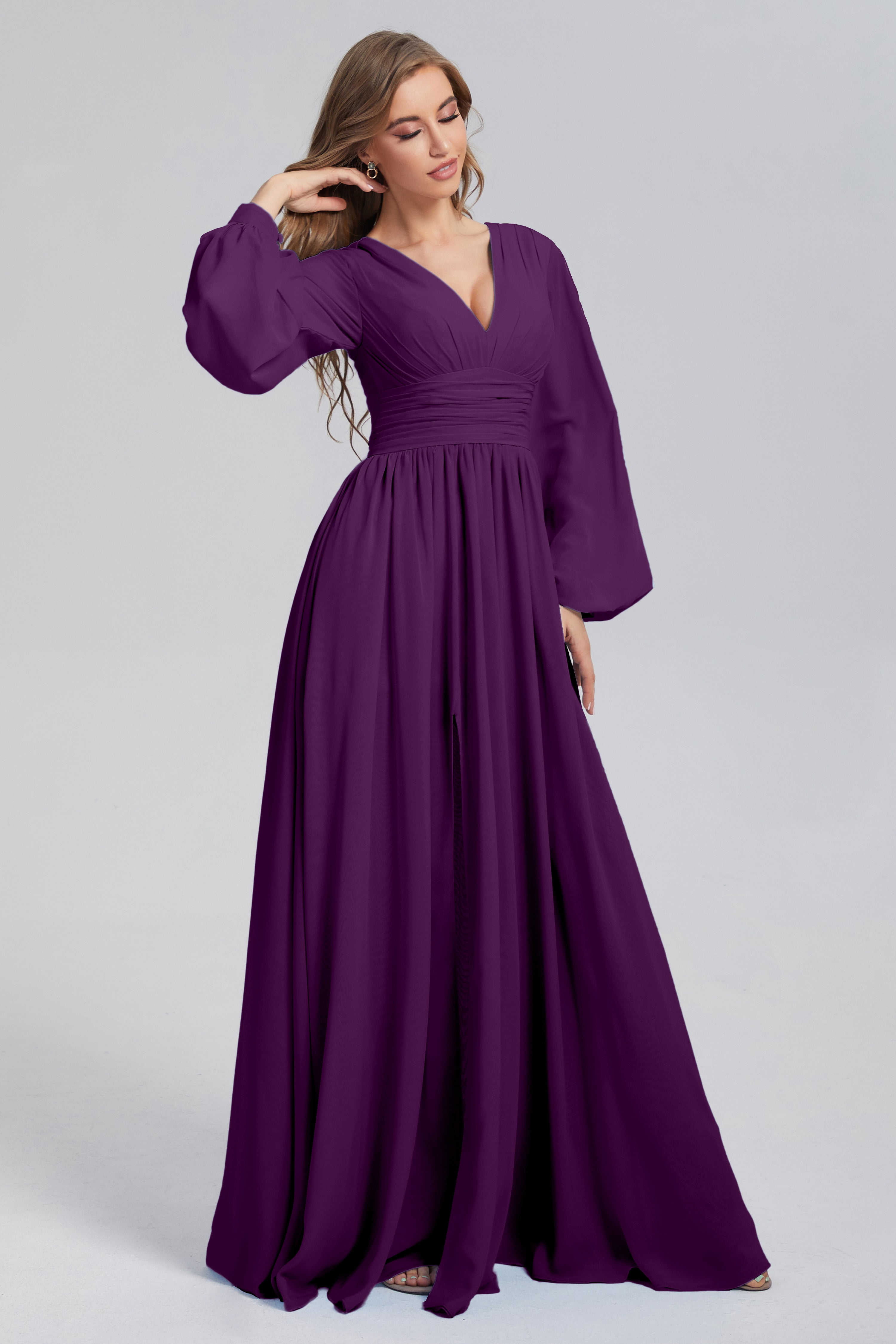 Split Long Sleeve Chiffon Prom Dresses