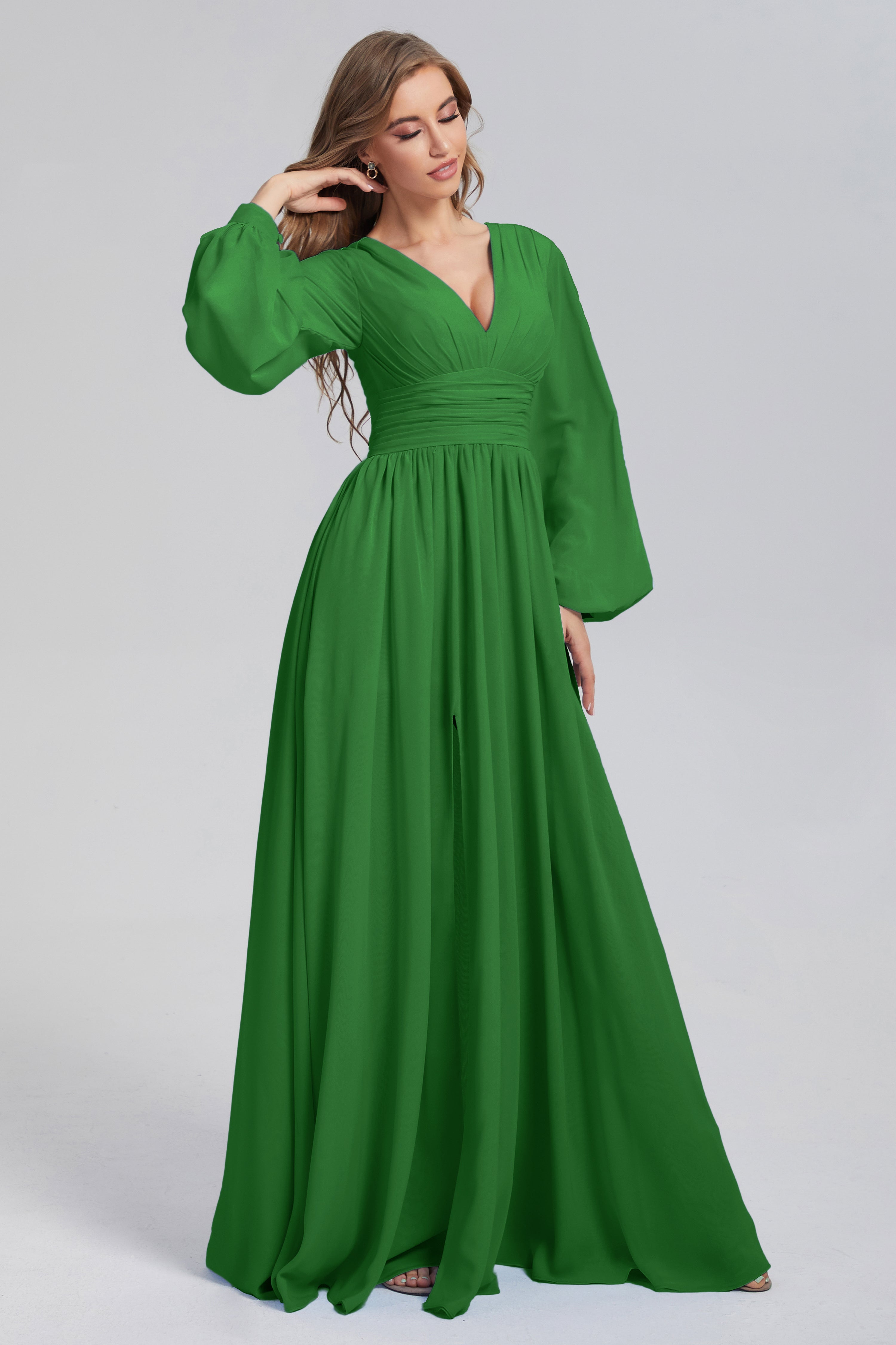 Split Long Sleeve Chiffon Prom Dresses