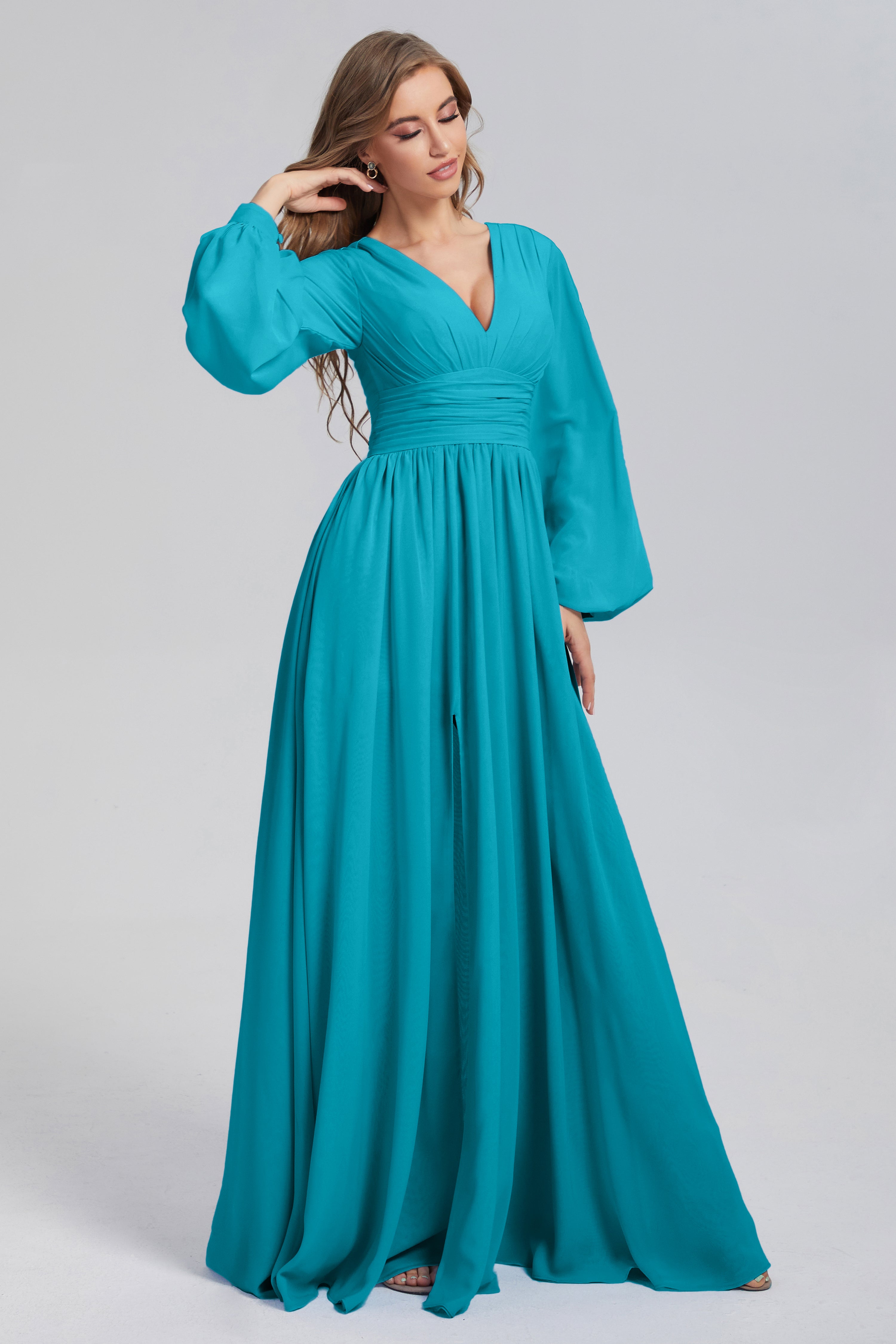 Split Long Sleeve Chiffon Prom Dresses