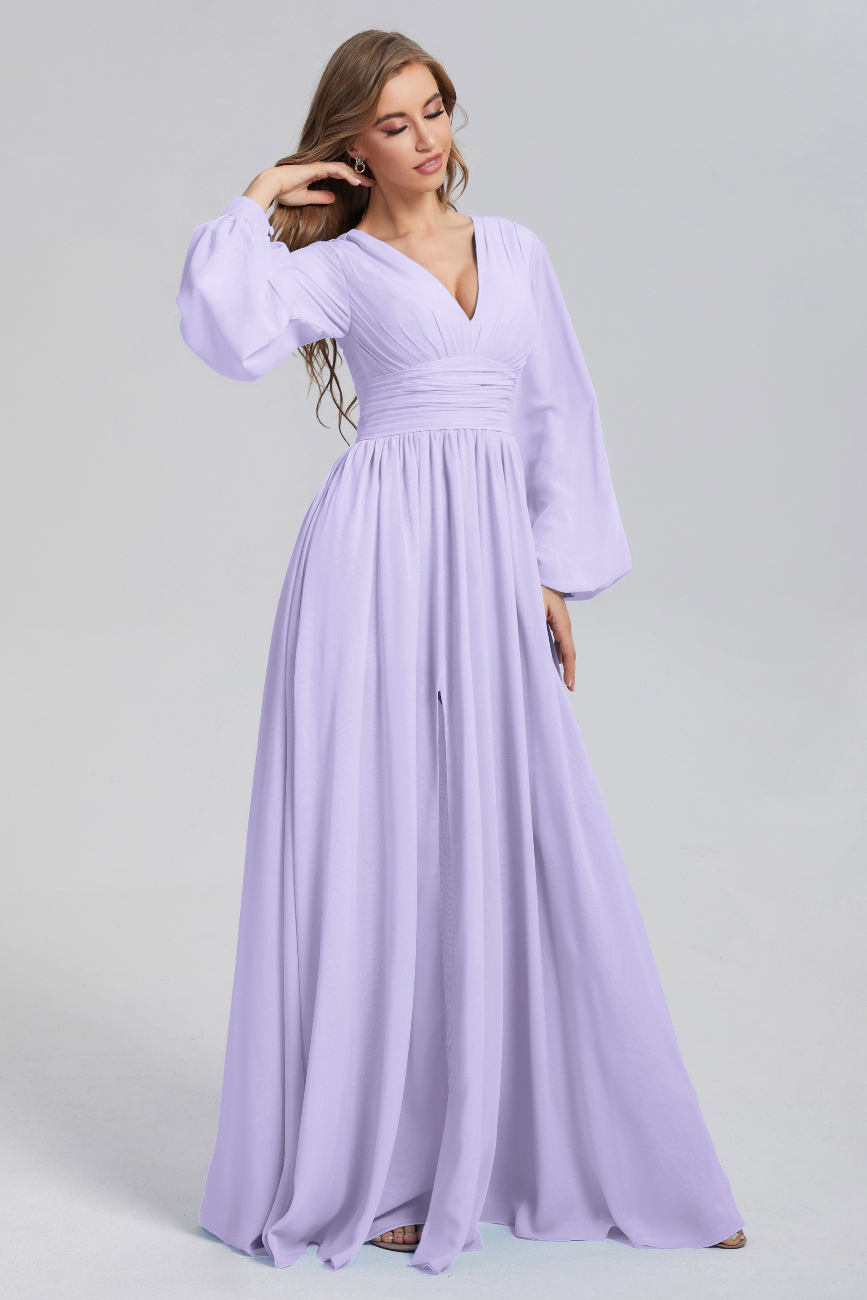 Split Long Sleeve Chiffon Prom Dresses