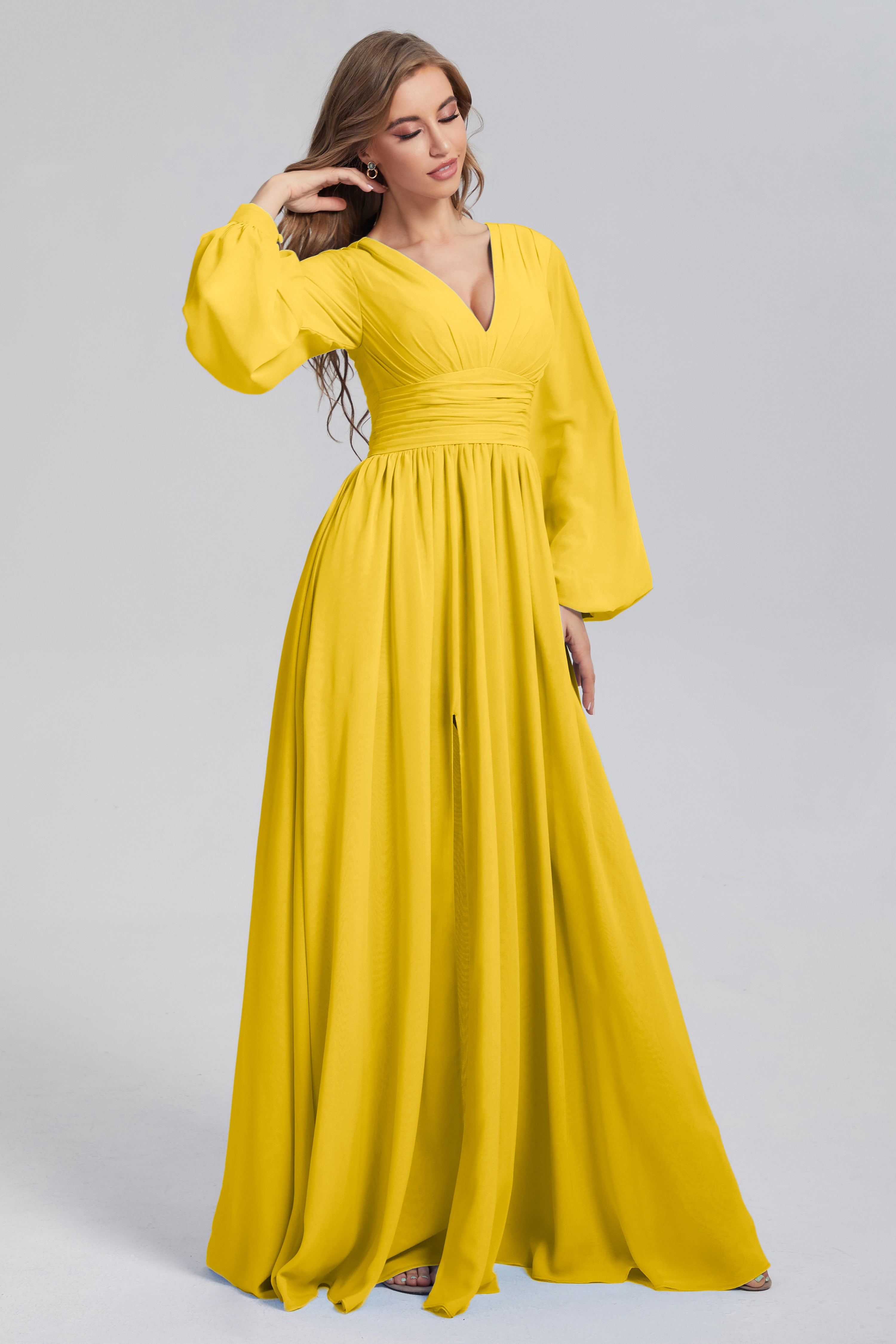 Split Long Sleeve Chiffon Prom Dresses