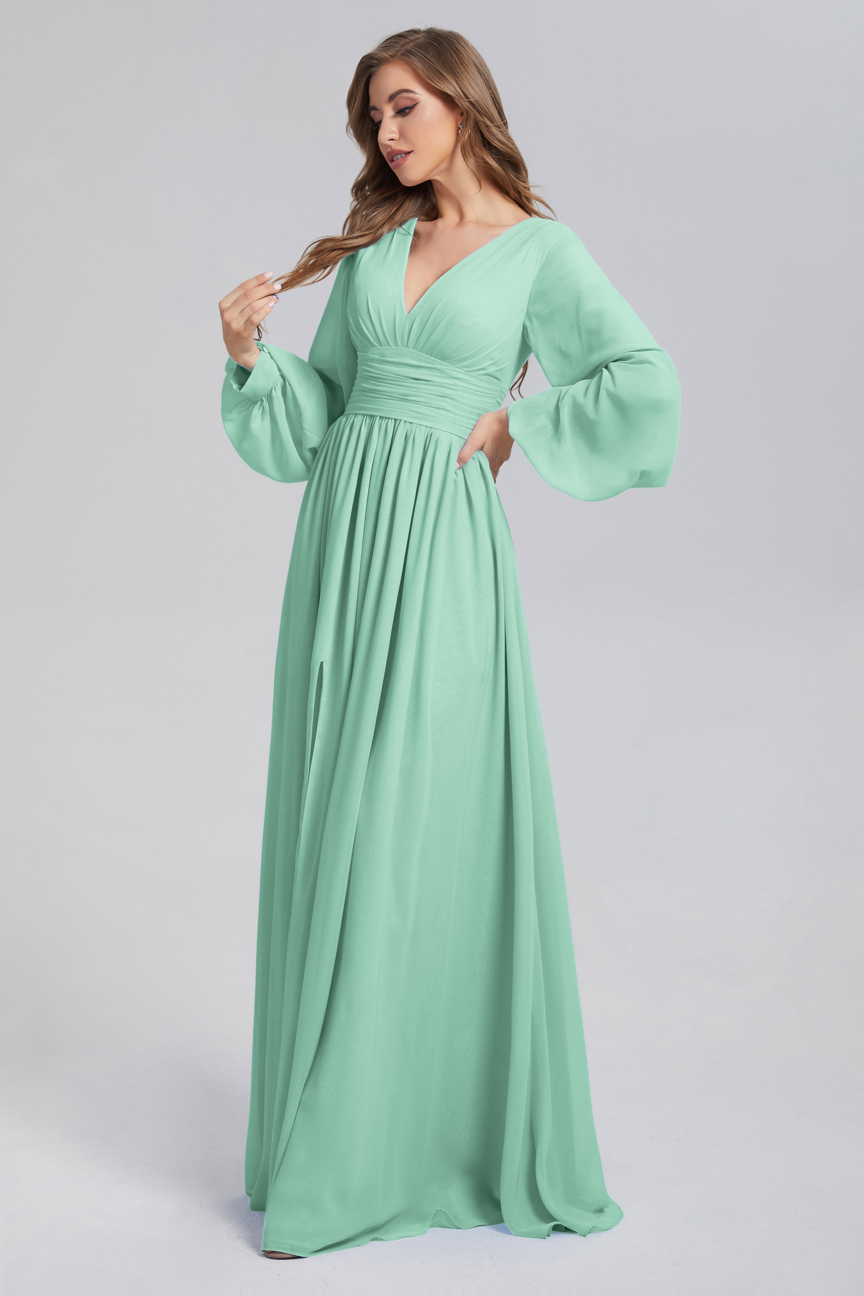 Split Long Sleeve Chiffon Prom Dresses