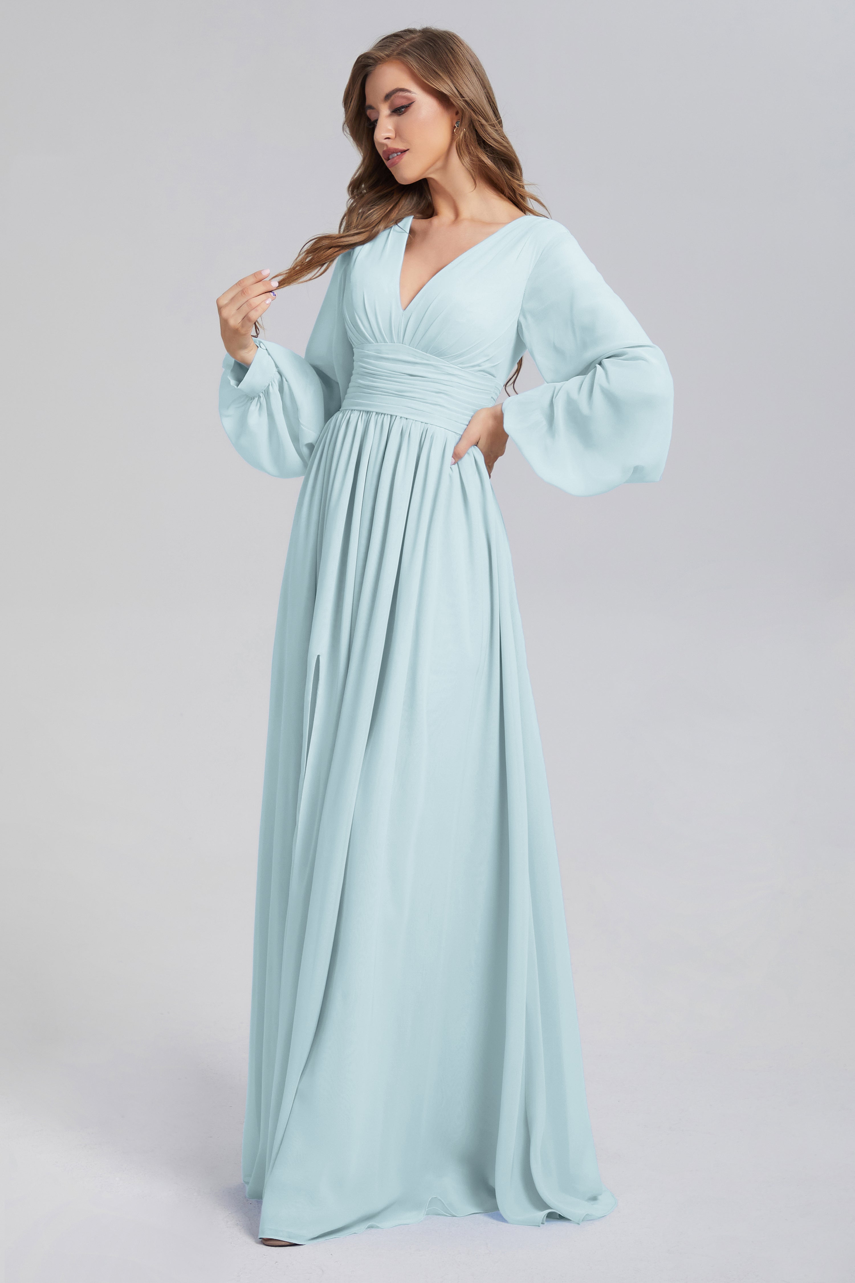 Split Long Sleeve Chiffon Prom Dresses