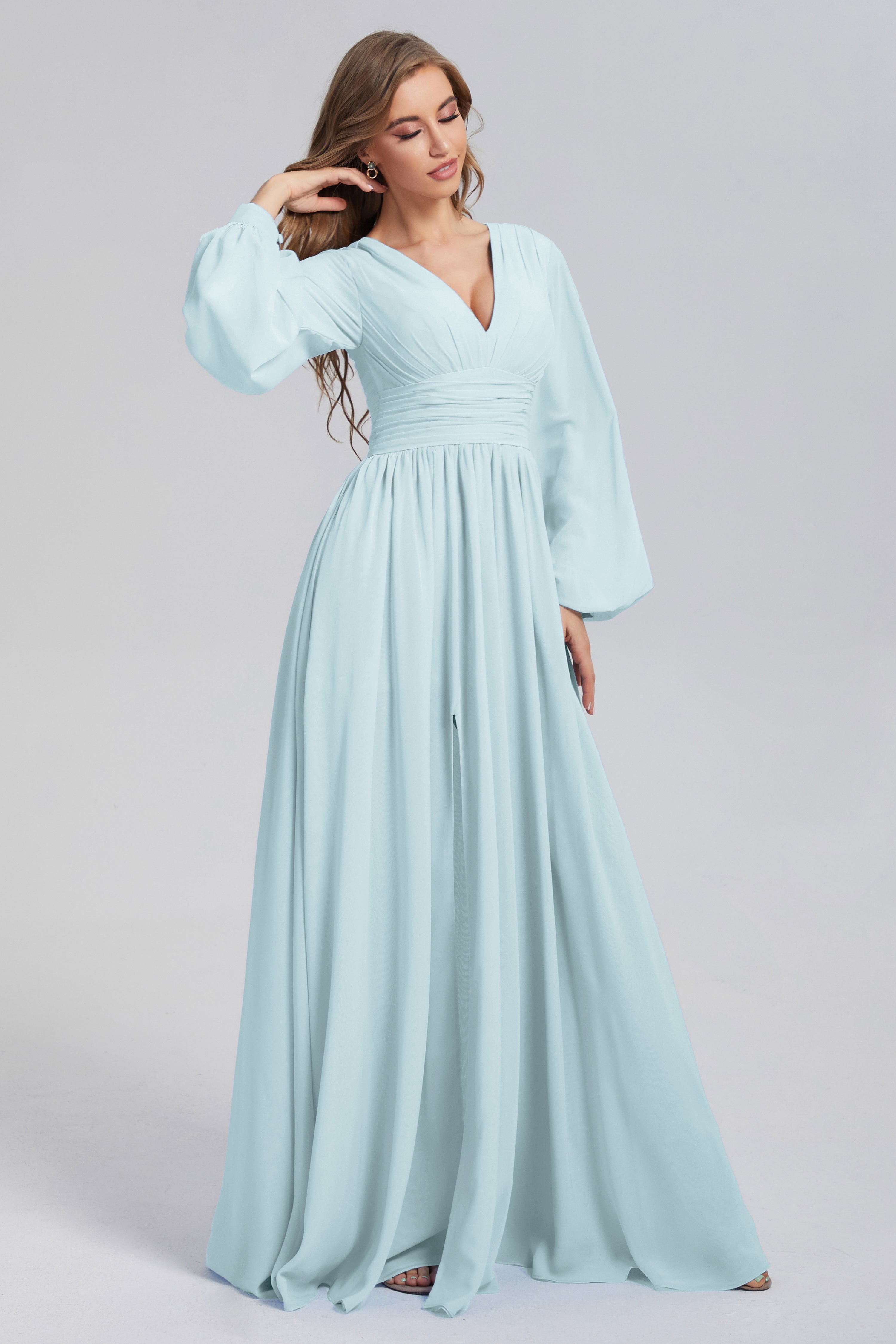 Split Long Sleeve Chiffon Prom Dresses