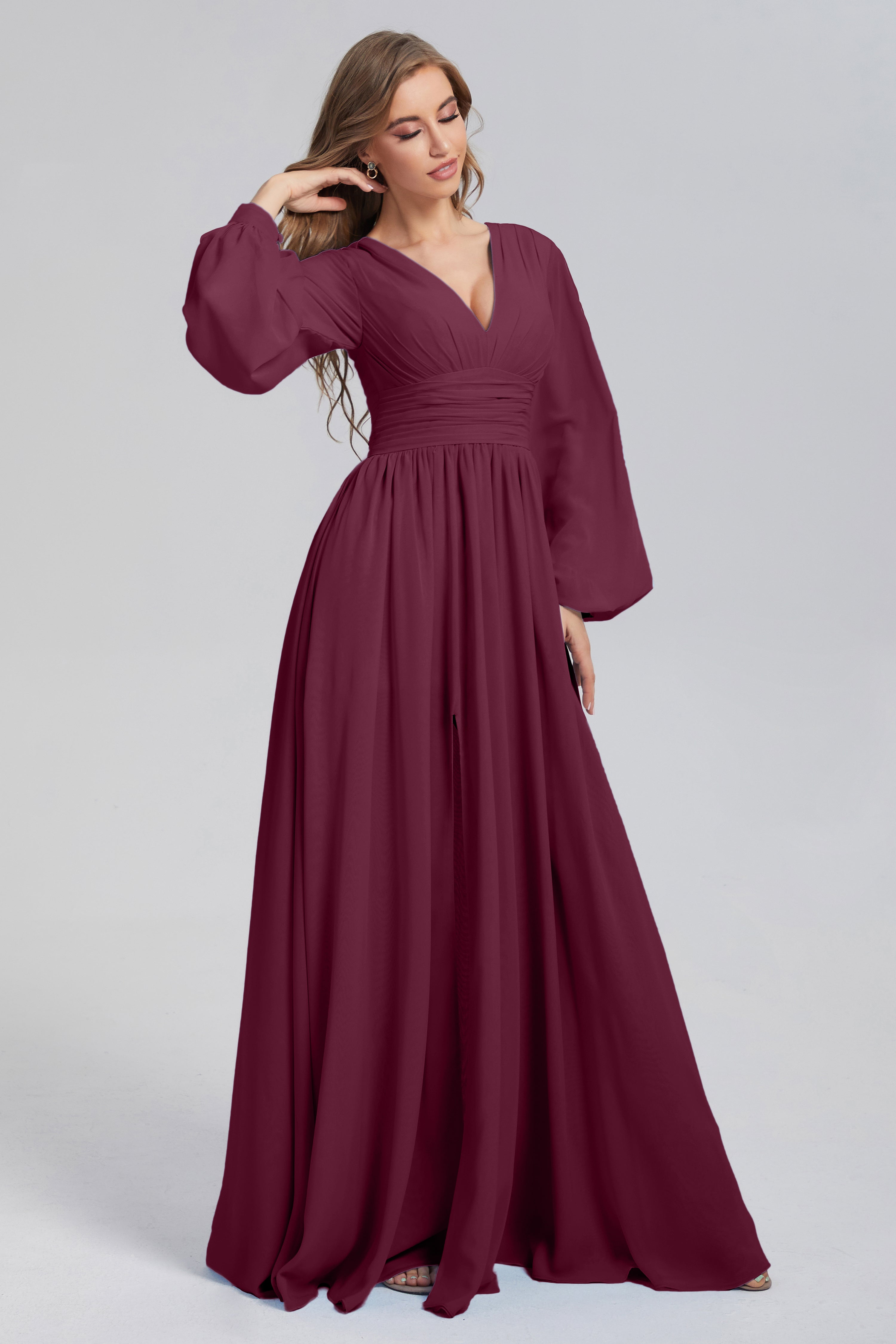 Split Long Sleeve Chiffon Prom Dresses