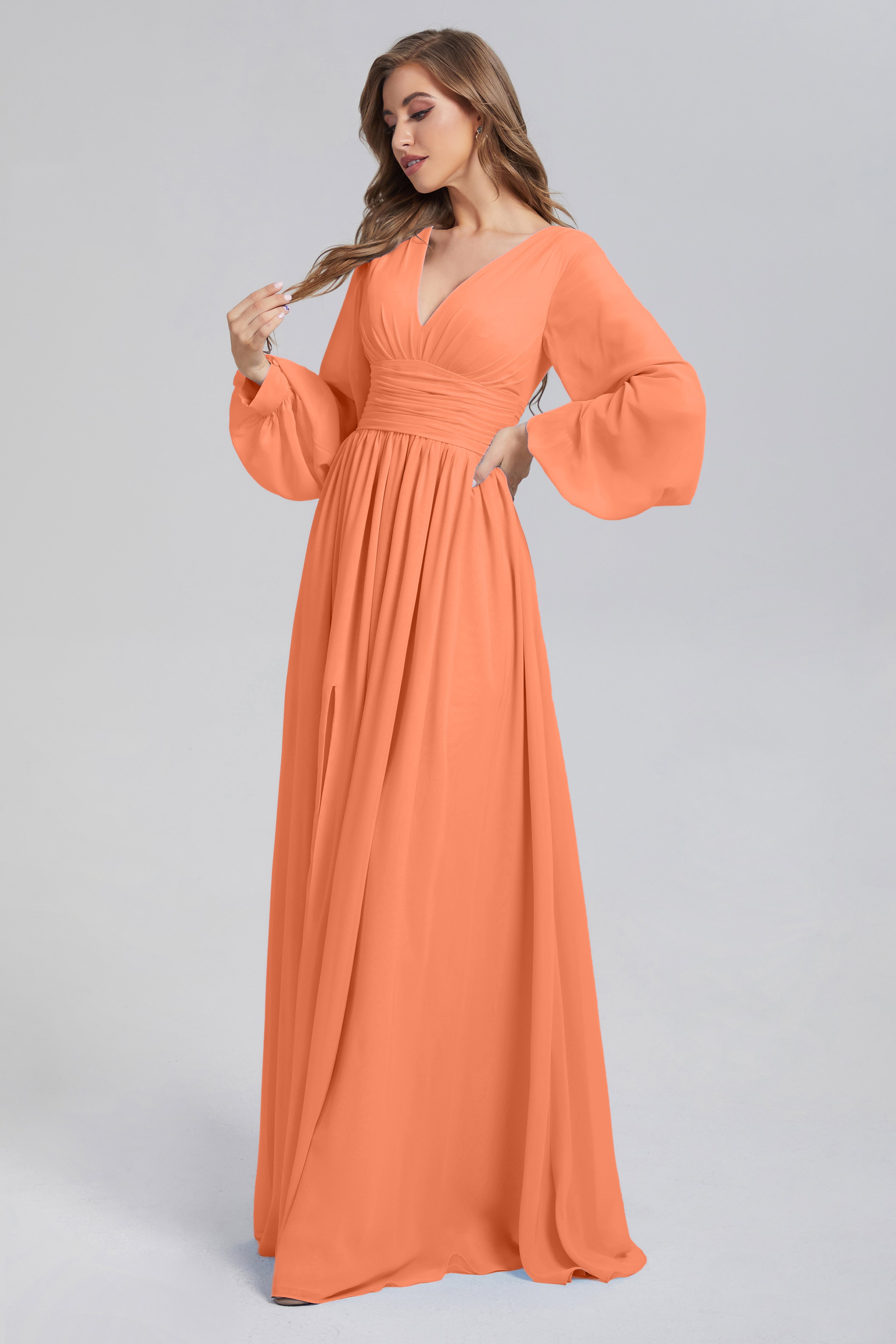 Split Long Sleeve Chiffon Prom Dresses