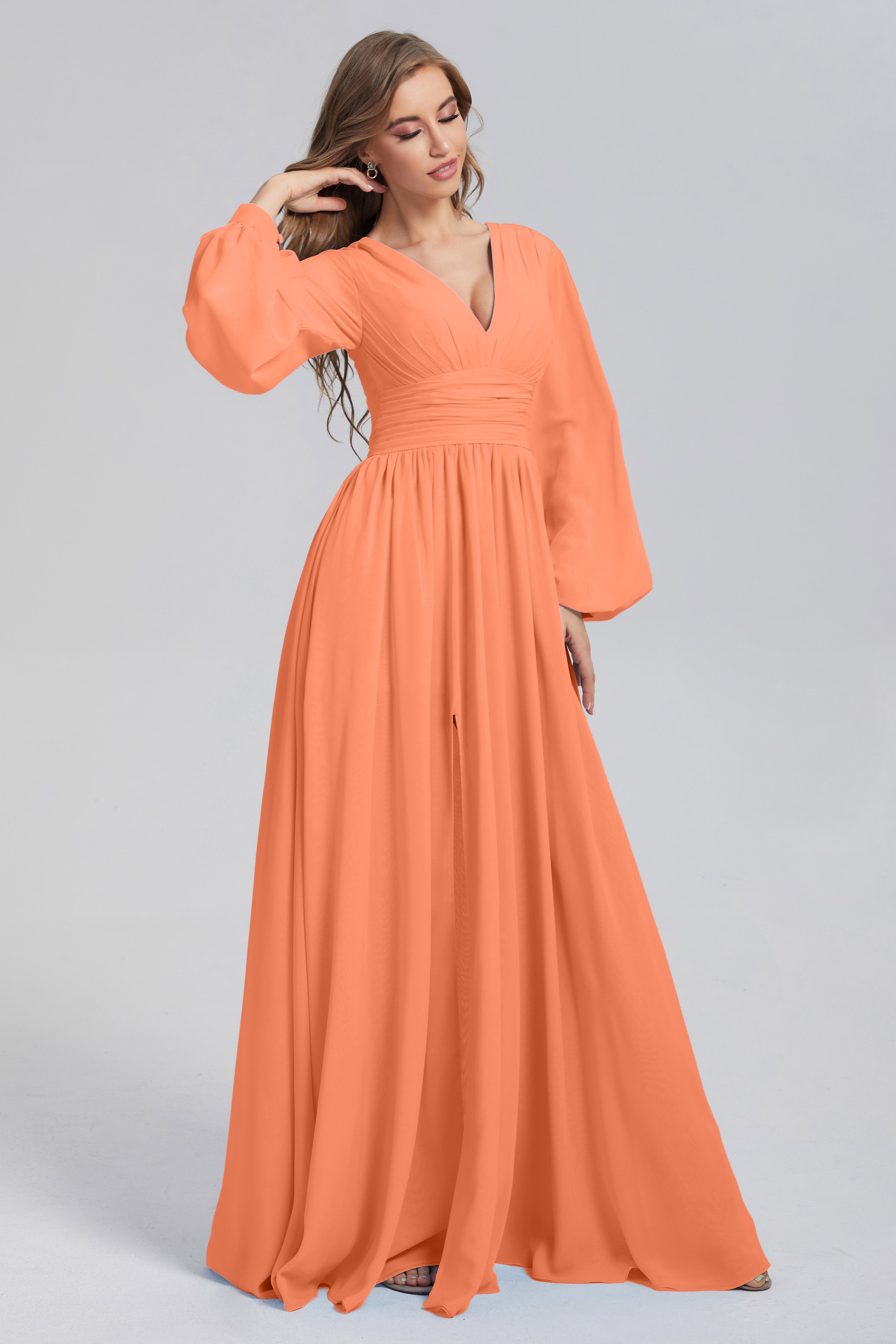 Split Long Sleeve Chiffon Prom Dresses