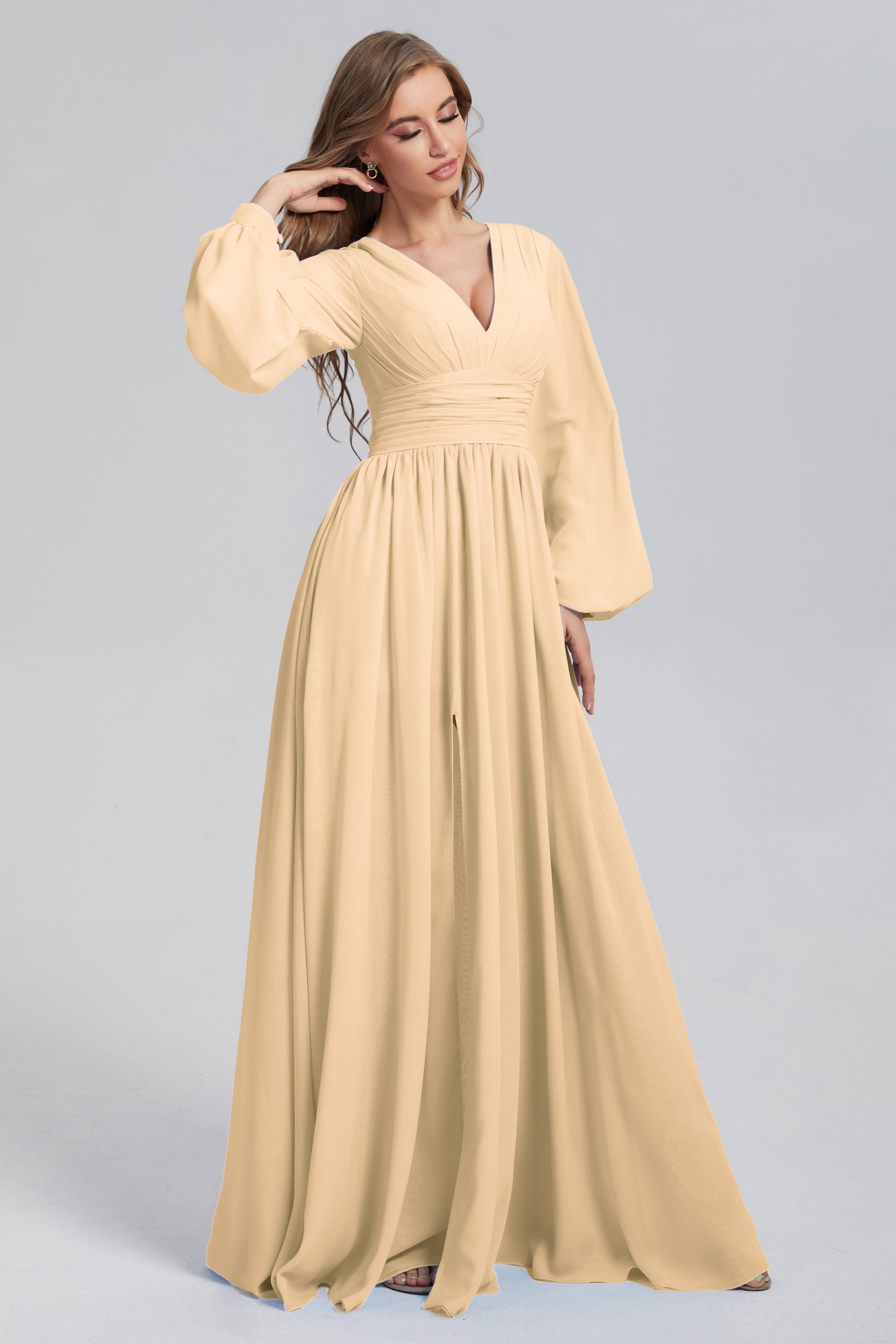 Split Long Sleeve Chiffon Prom Dresses