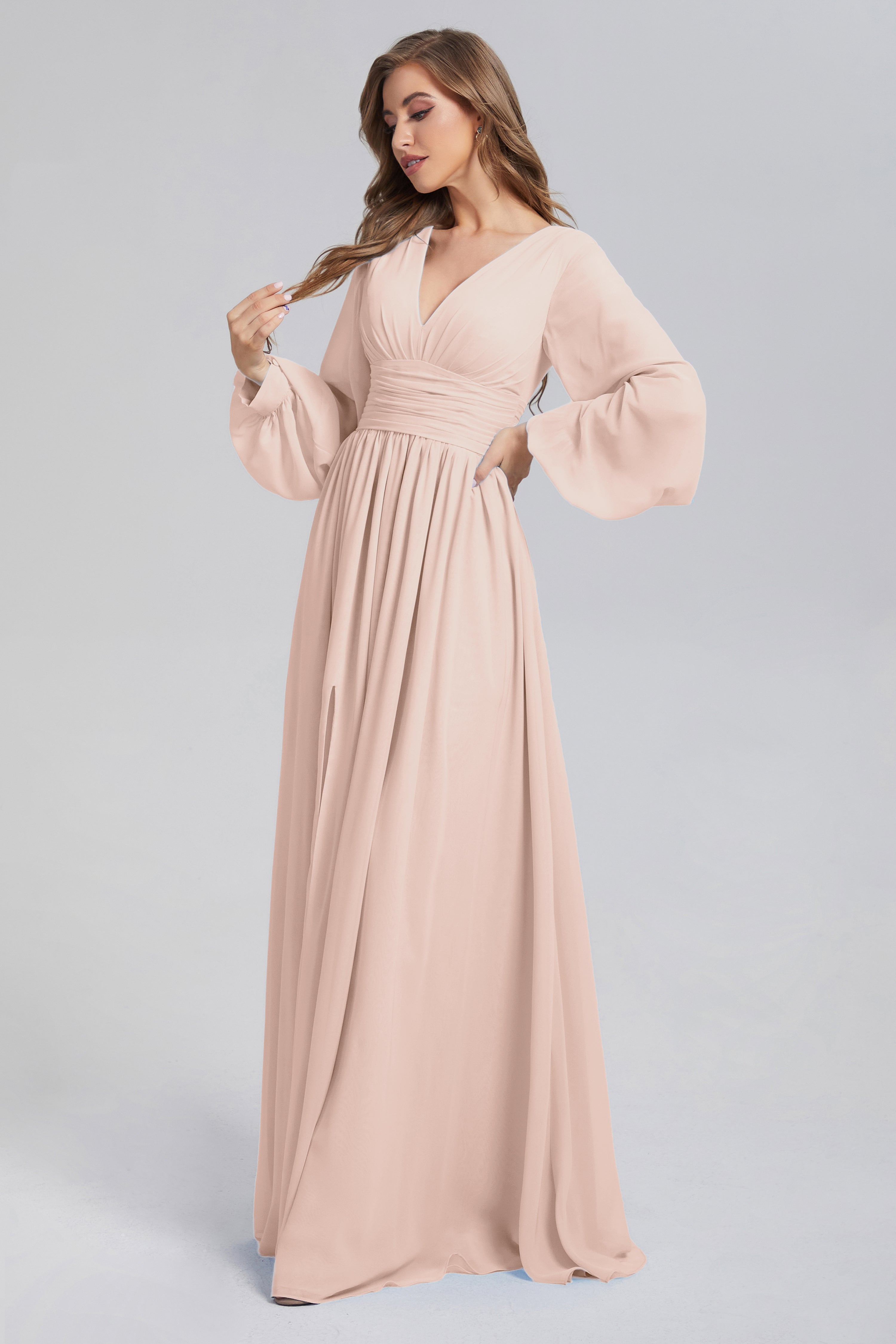 Split Long Sleeve Chiffon Prom Dresses