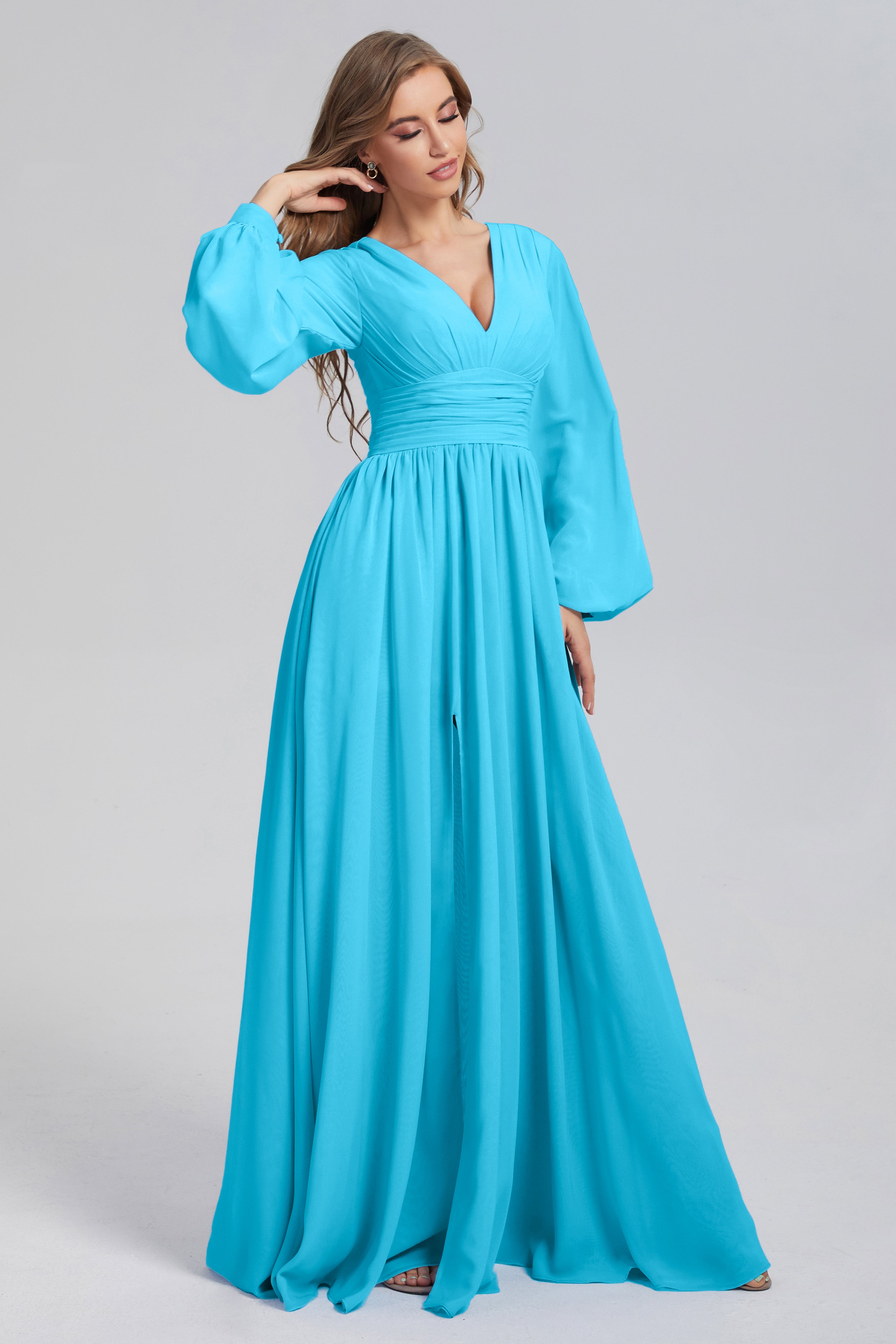 Split Long Sleeve Chiffon Prom Dresses