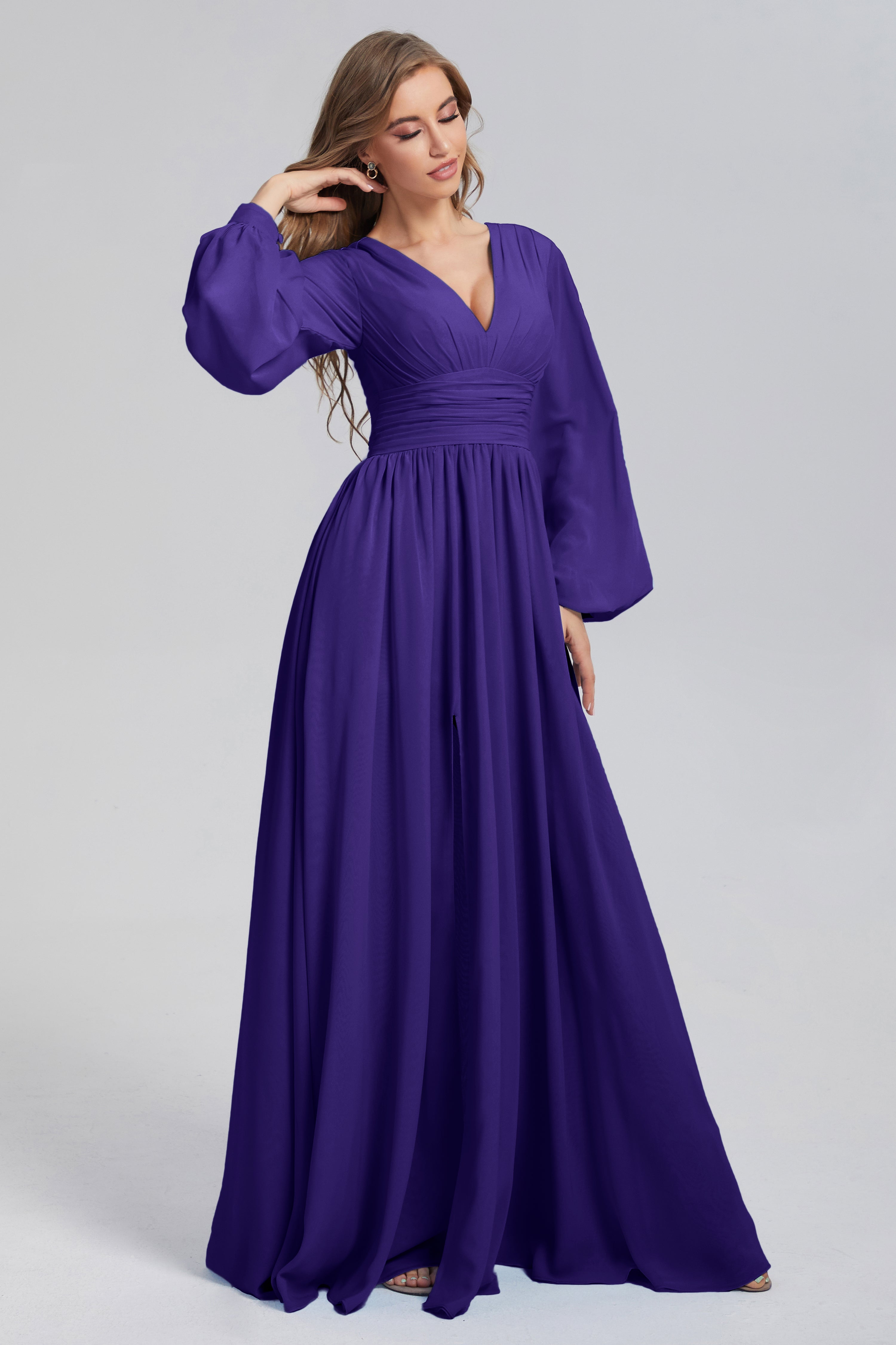 Split Long Sleeve Chiffon Prom Dresses