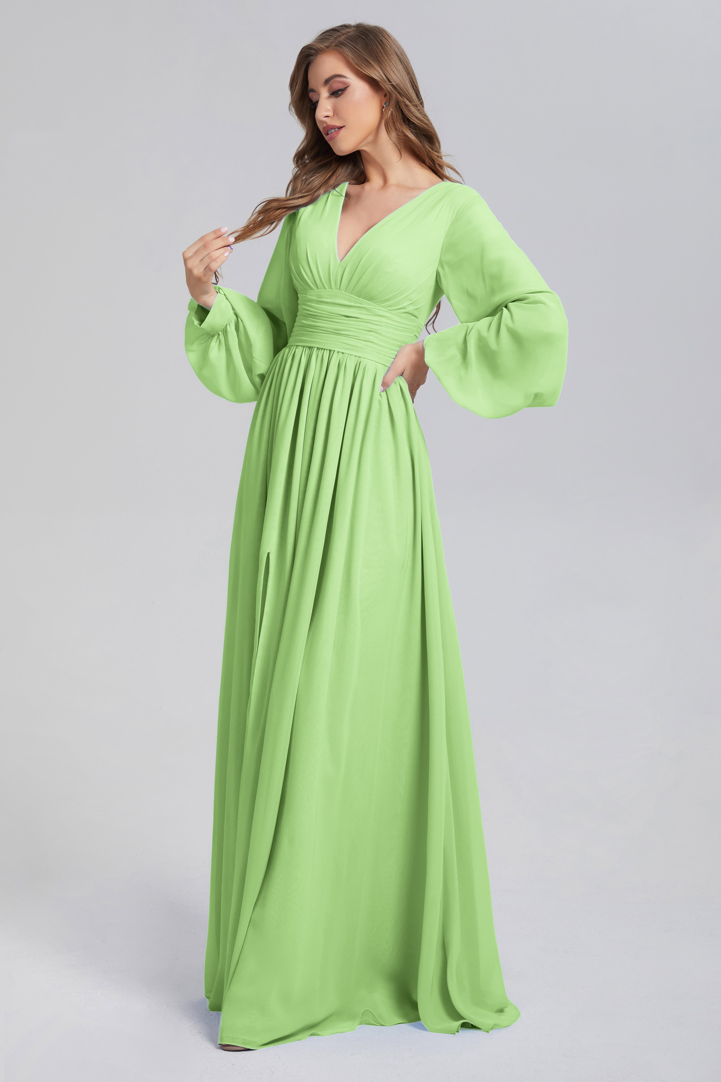 Split Long Sleeve Chiffon Prom Dresses