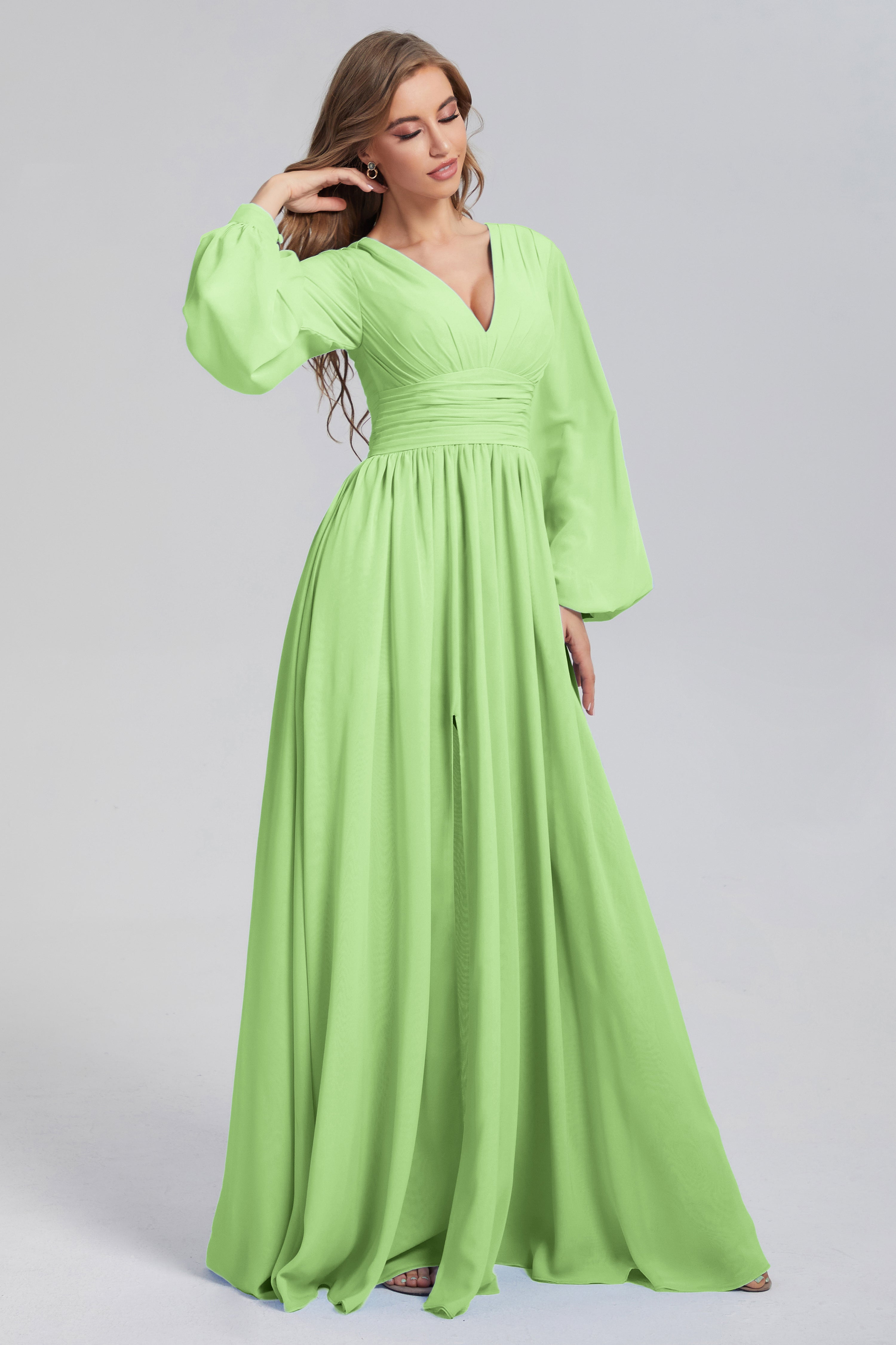 Split Long Sleeve Chiffon Prom Dresses