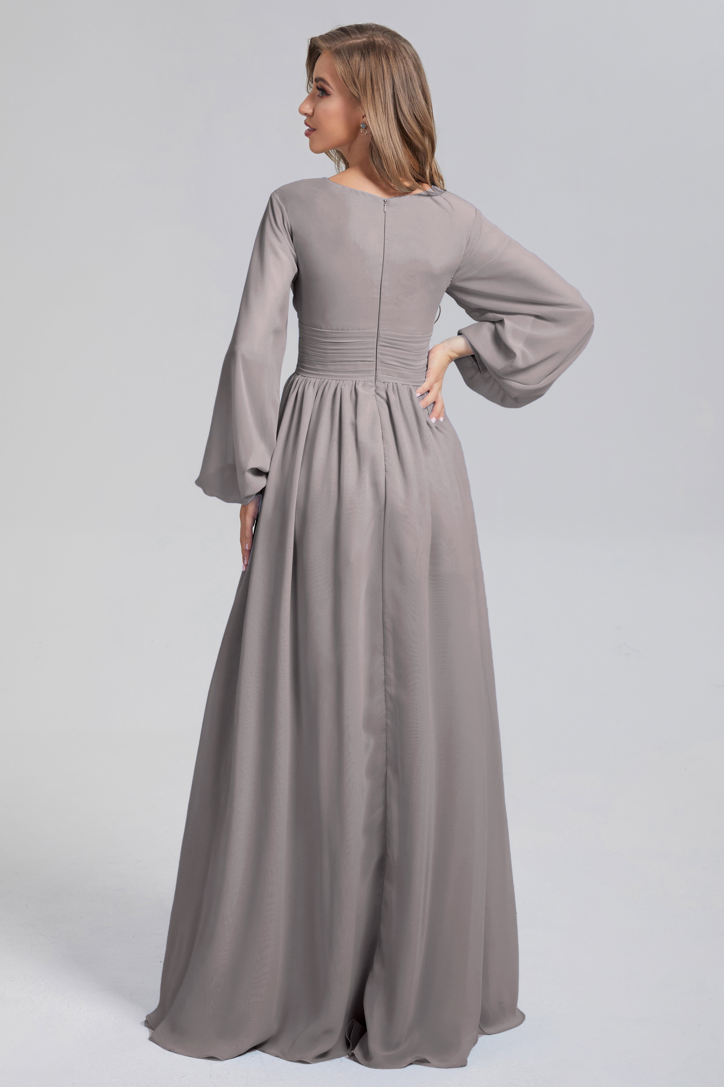 Split Long Sleeve Chiffon Prom Dresses