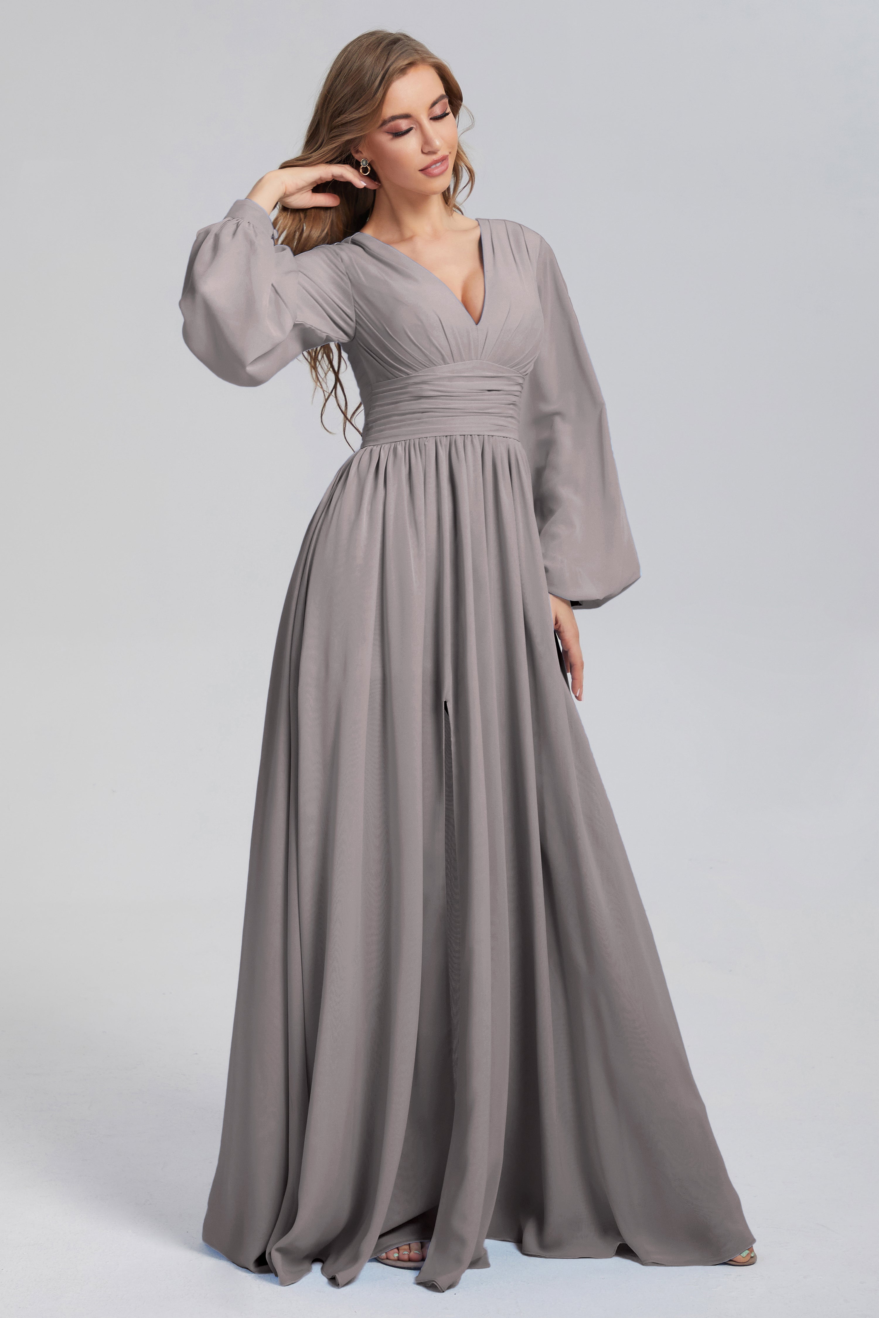 Split Long Sleeve Chiffon Prom Dresses