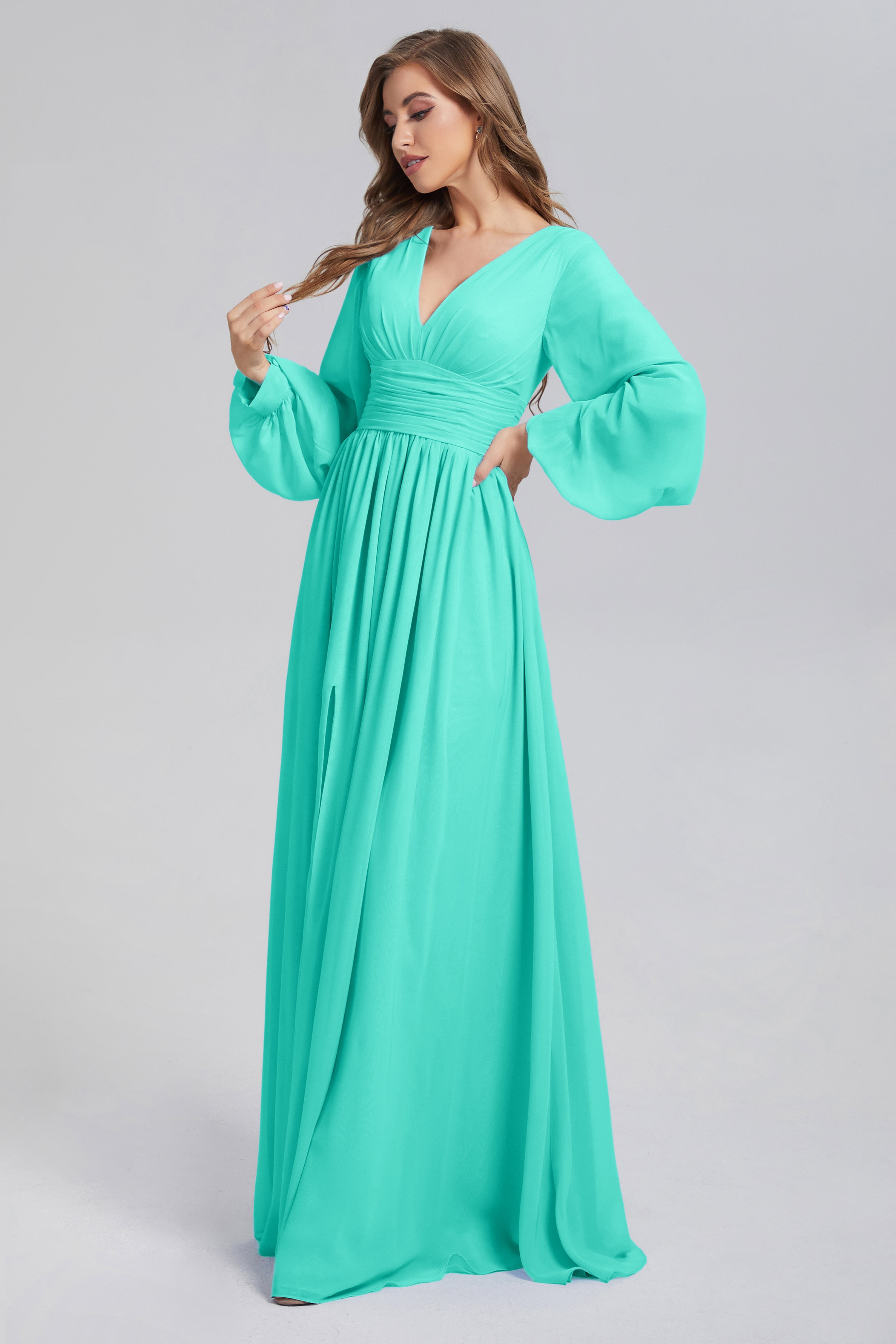 Split Long Sleeve Chiffon Prom Dresses